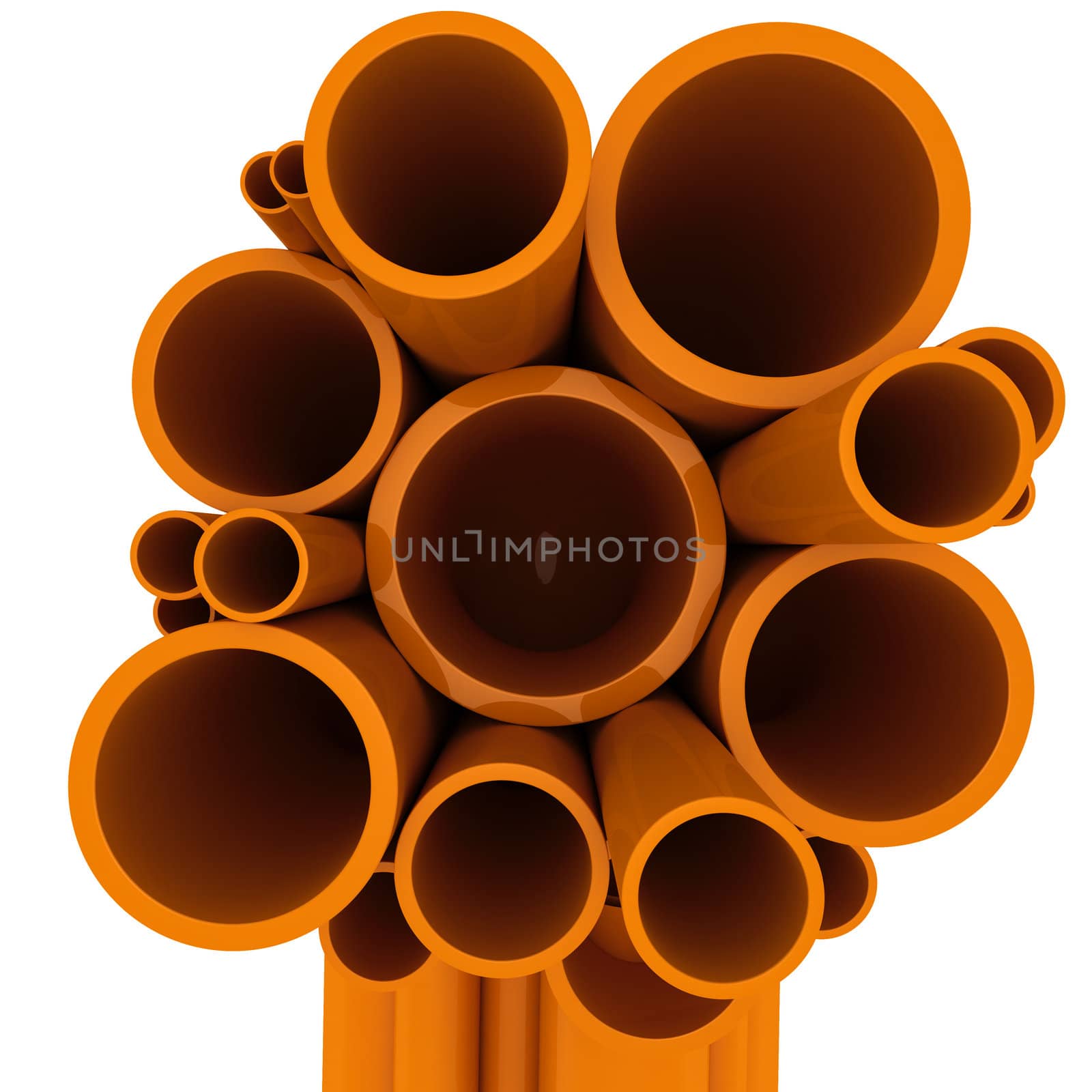 Curved plastic pipes of different diameters on a white