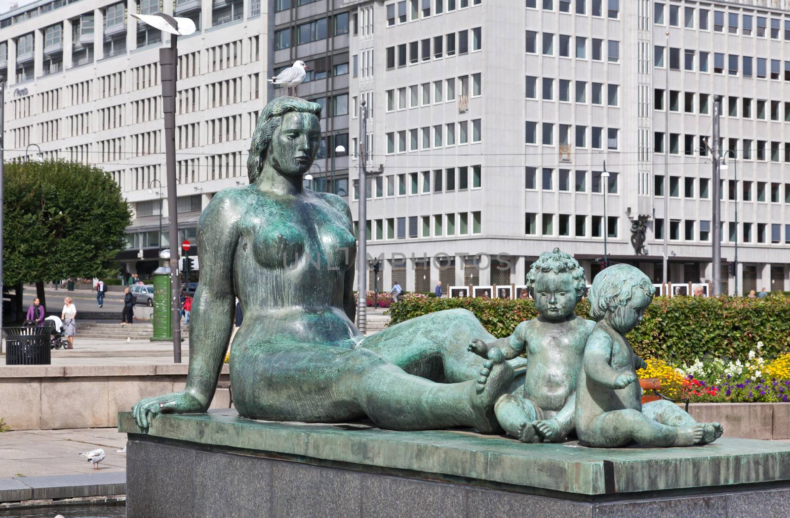 The sculpturre in front of Oslo City Hall in central Oslo Norway
