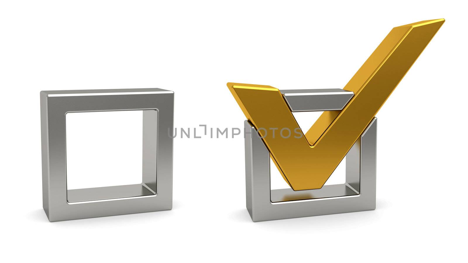 Golden check mark and silver check box on white background. High resolution 3D image