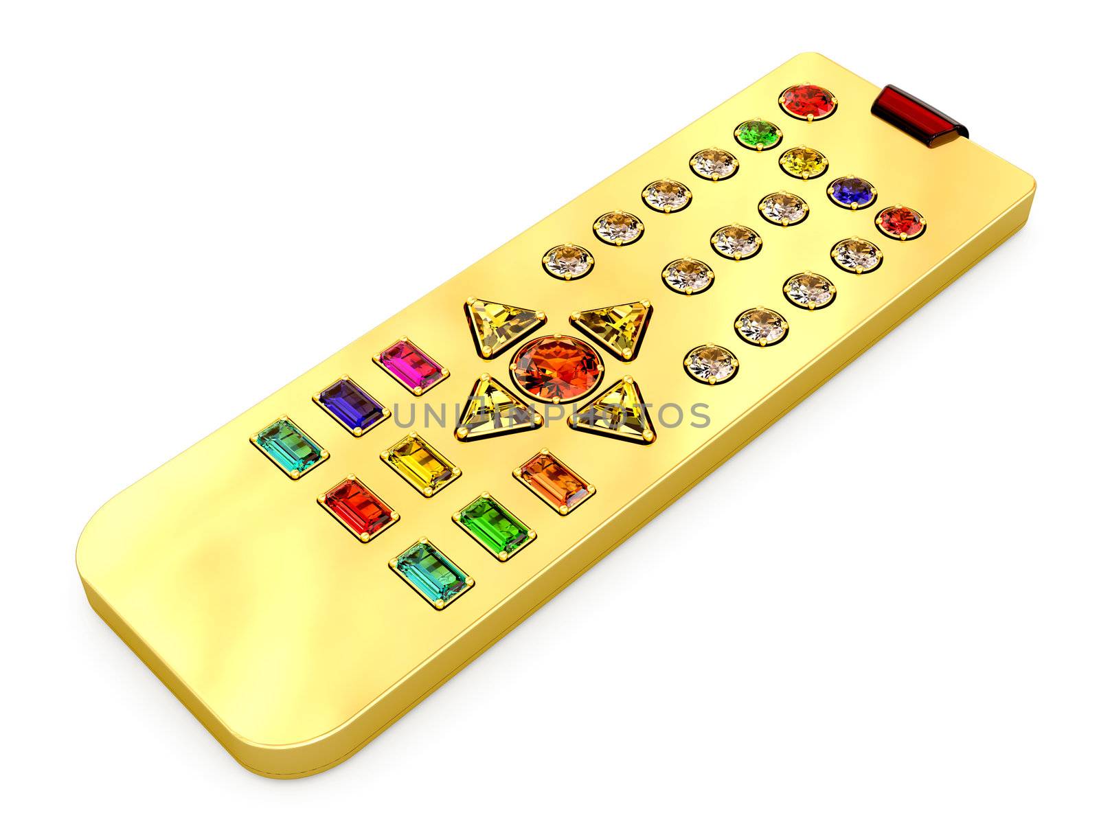 Golden universal remote control with colorful gems buttons on white. High resolution 3D image
