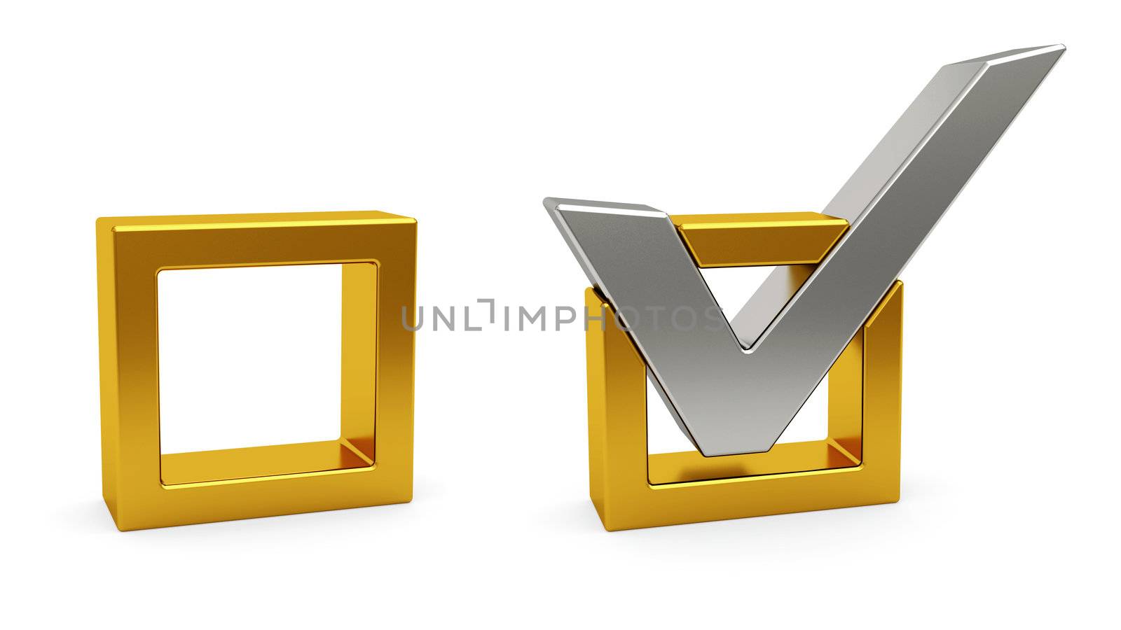 Silver check mark and golden check box on white background. High resolution 3D image