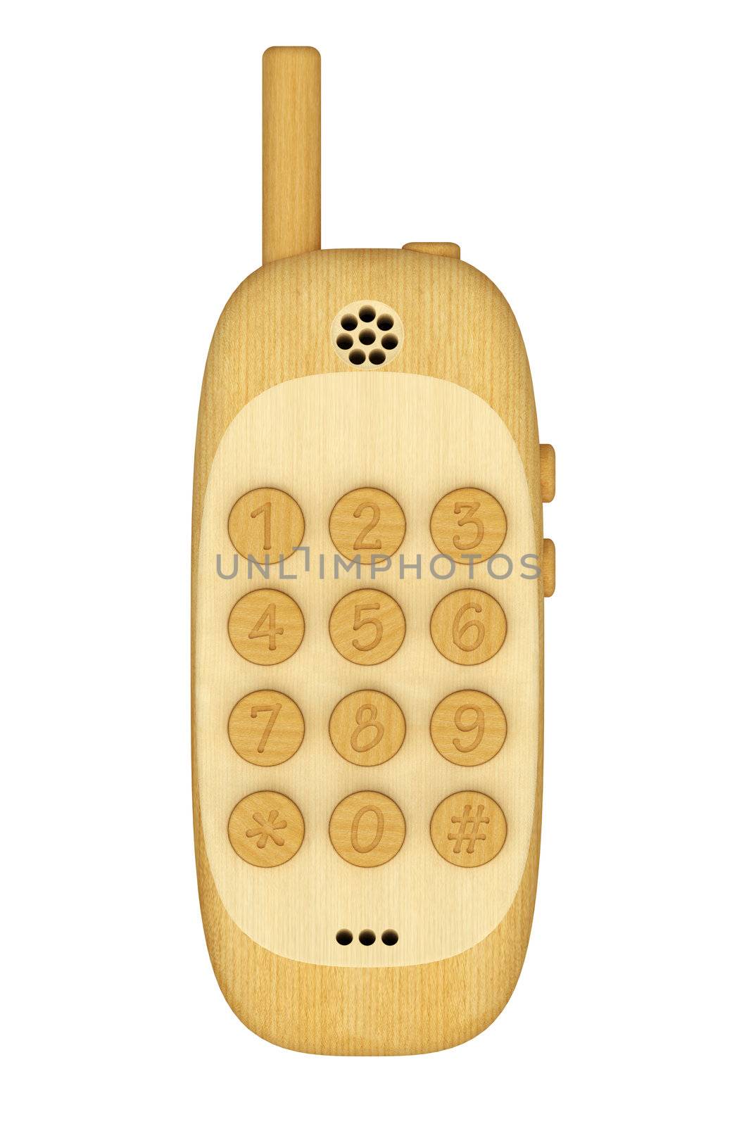 Wooden mobile phone isolated on white background. High resolution 3D image.