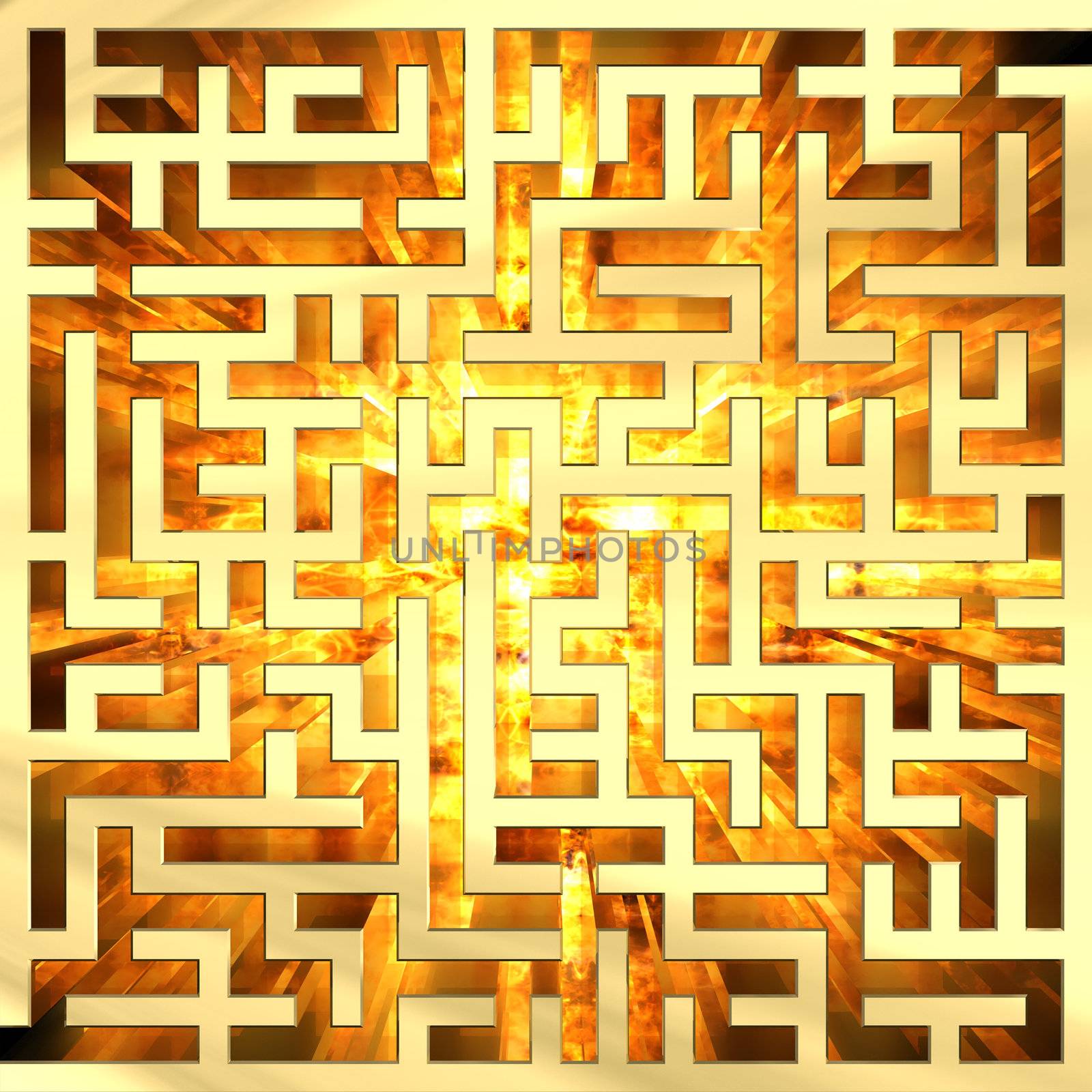 Golden labyrinth with flame. High resolution 3D image