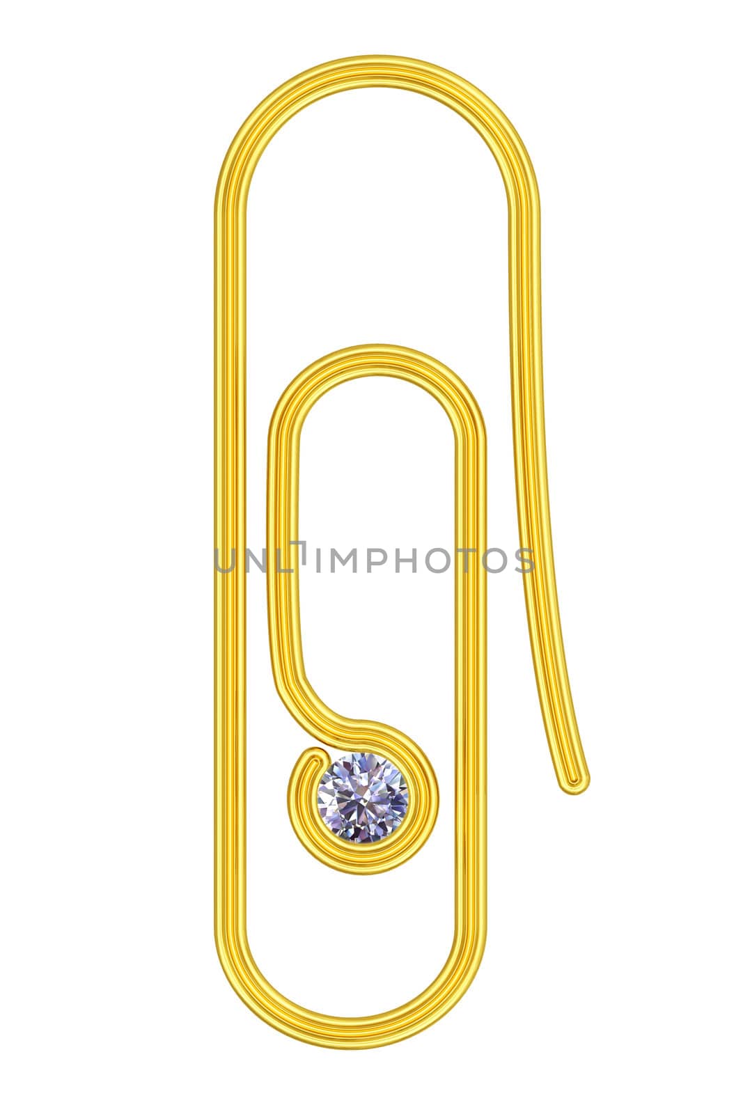 Golden paperclip with diamond isolated on white background. High resolution 3D image
