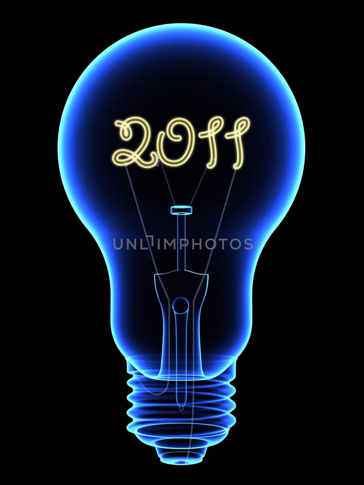 X-Ray lightbulb with sparkling 2011 digits inside isolated on black. High resolution 3D image
