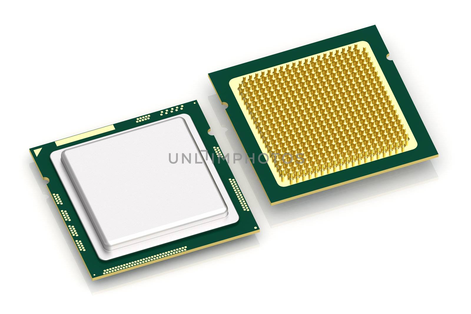 Top and bottom view of CPU processor on white background. High resolution 3D image