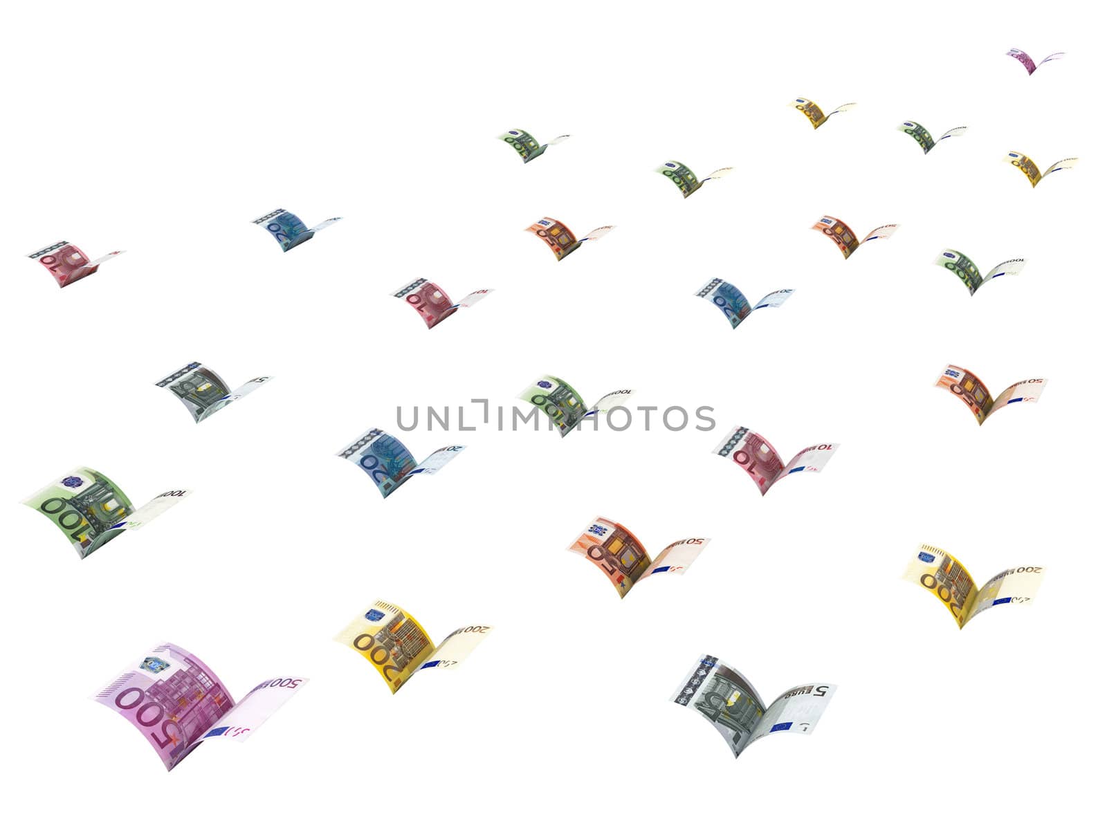 Winged euro banknotes are flying away. High resolution 3D image