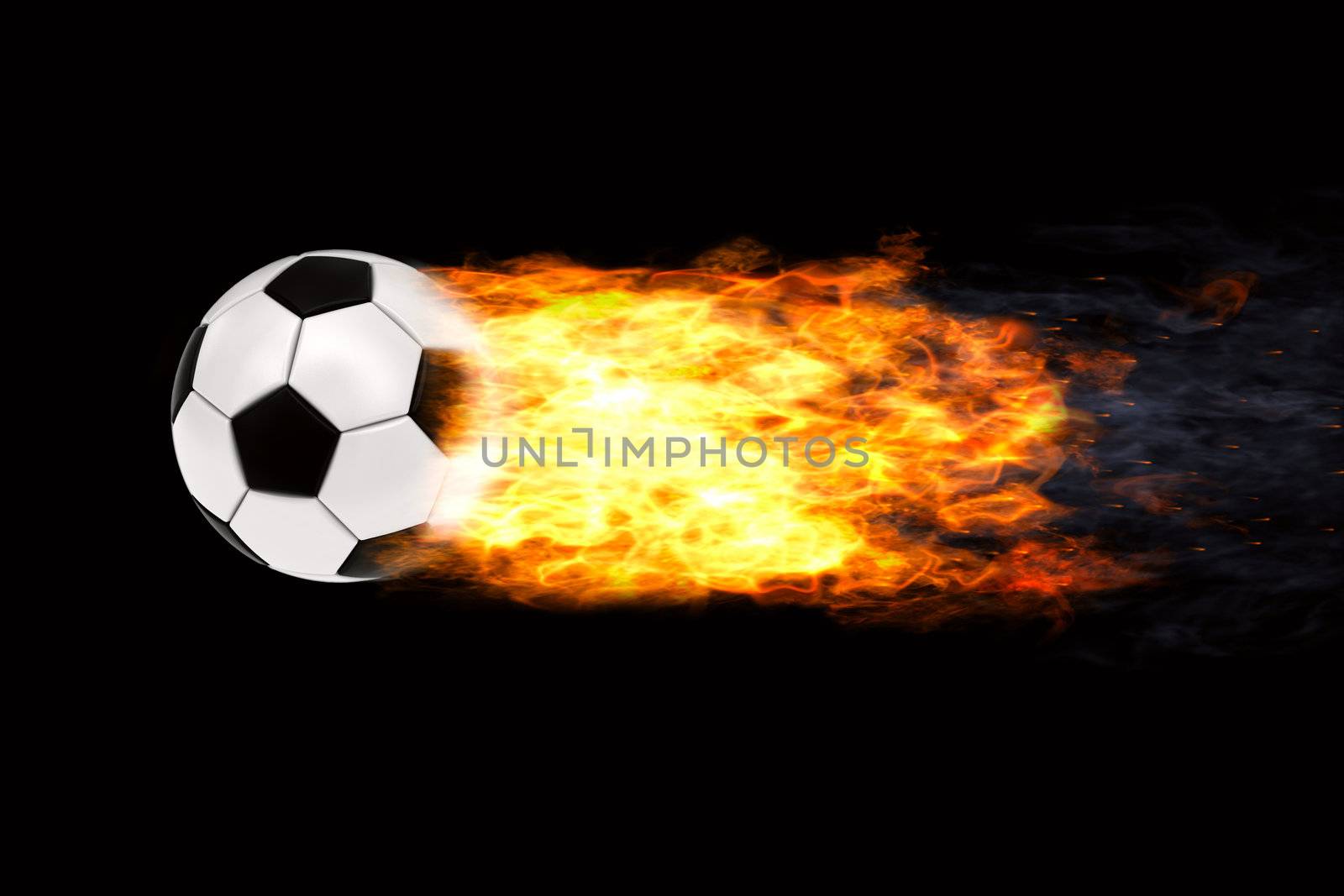 Soccer ball in flames on black background. High resolution 3D image