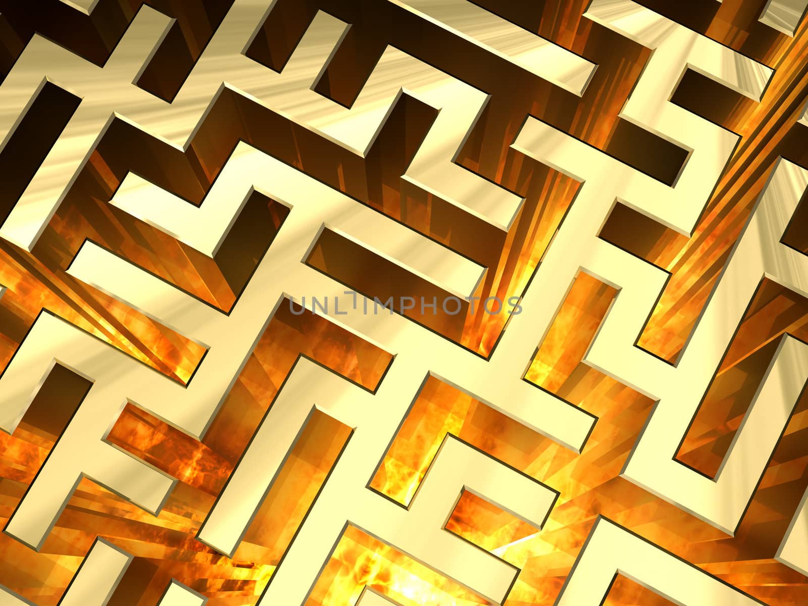 Golden labyrinth with flame. High resolution 3D image