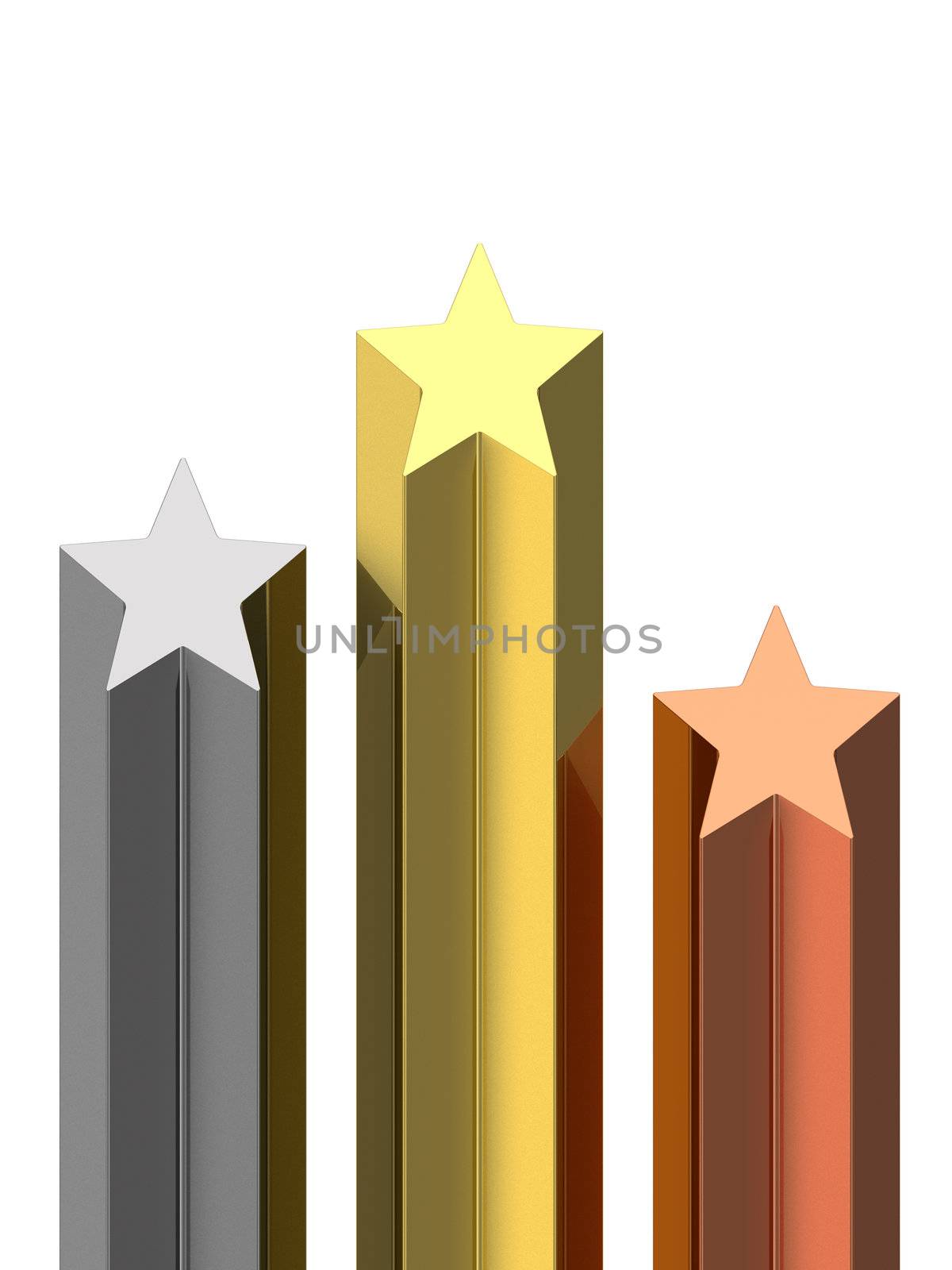 Golden, silver and bronze stars pedestal isolated on white background. High resolution 3D image