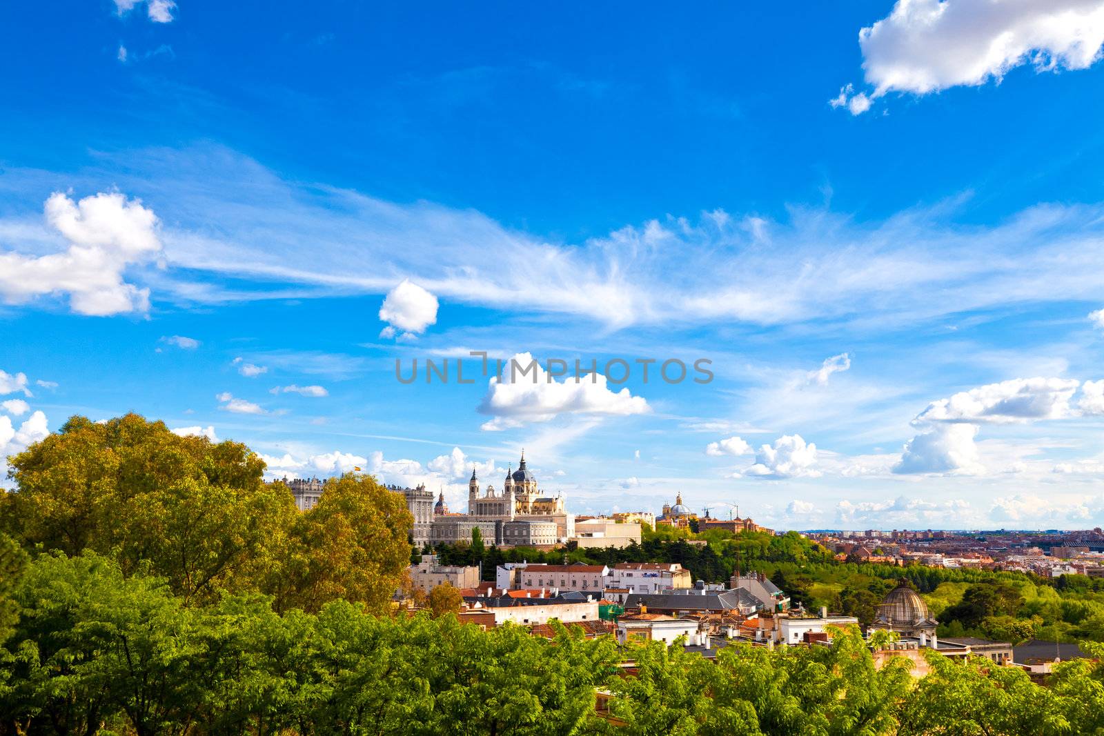 Panorama of Madrid (Spain) with the Royal Palace and the Almudena Cathedral