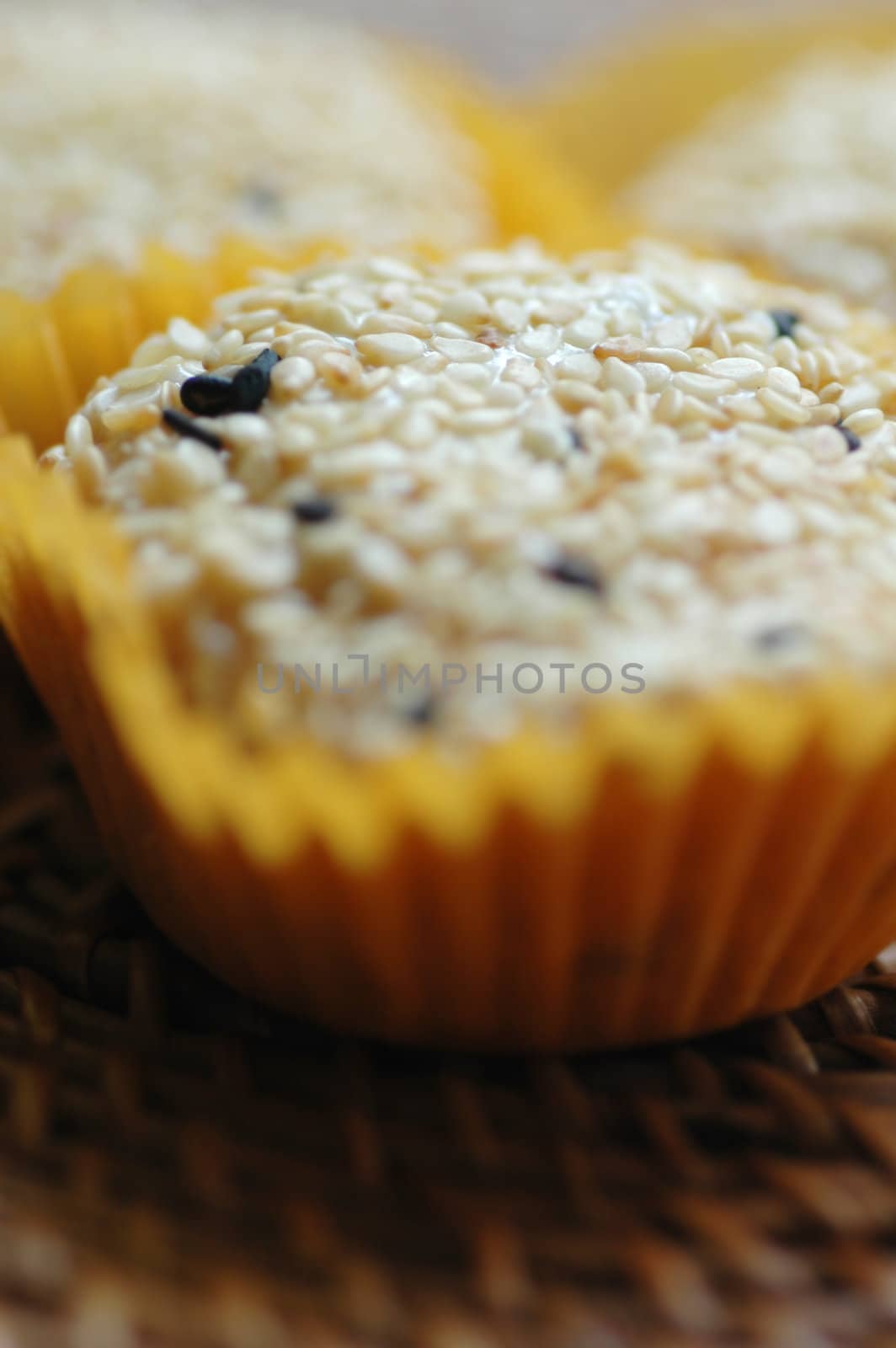 Sesame coated glutinous rice cookies with shallow depth of field