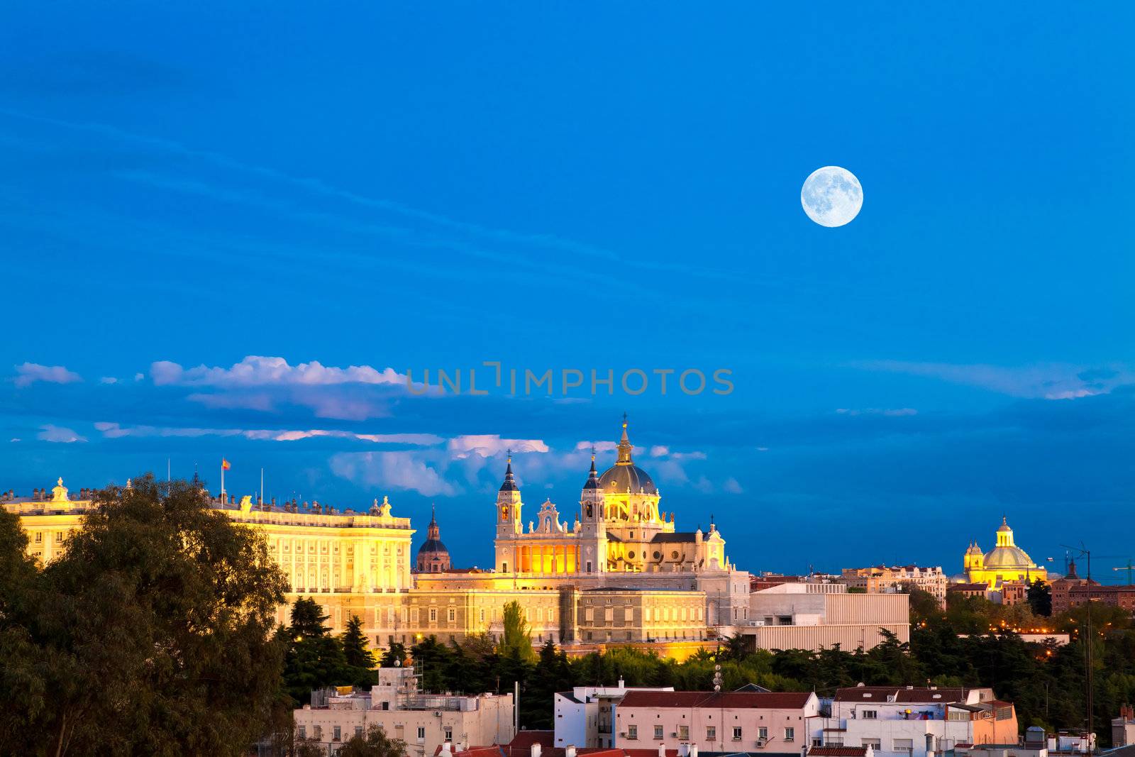Madrid - evening panorama with the Almudena Cathedral and the Royal Palace