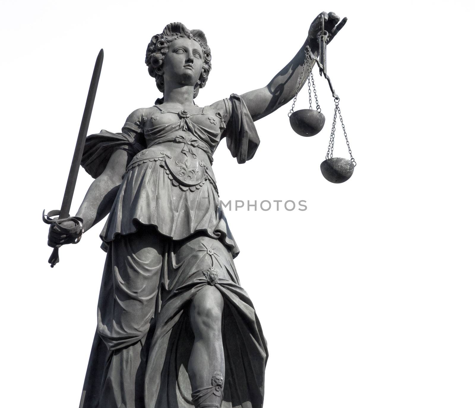 Statue of Lady Justice from Frankfurt, on white. The statue was erected in the 19th century and is in the public domain.