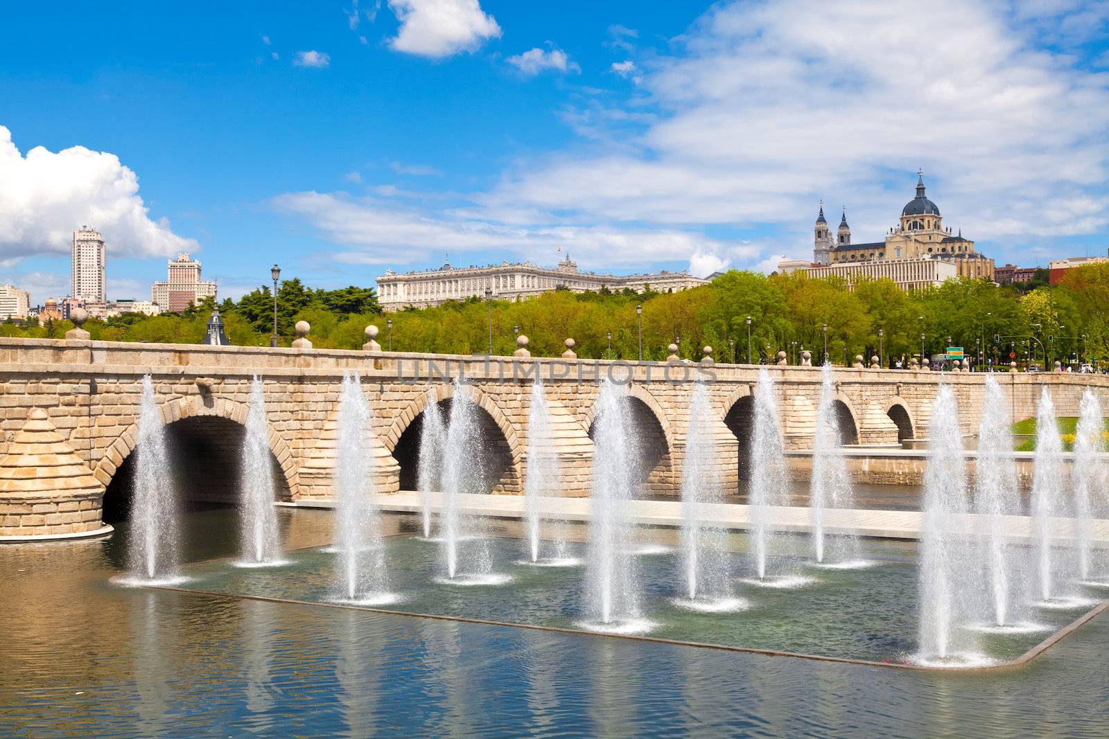 Madrid Skyline with the Segovia Bridge, Almudena Cathedral and the Royal Palace
