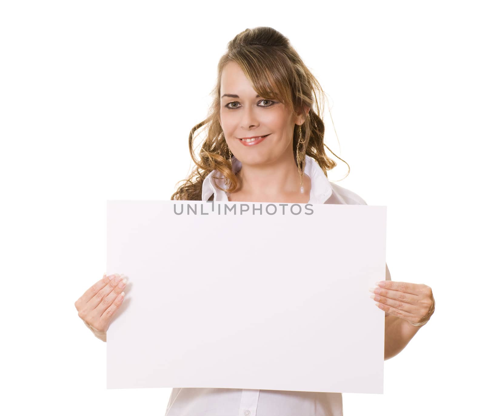 Woman holding white board with copy space isolated on white