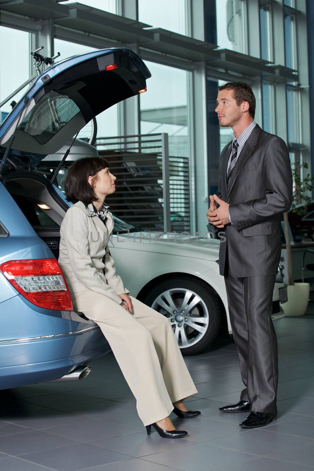Car sales person talking with customer