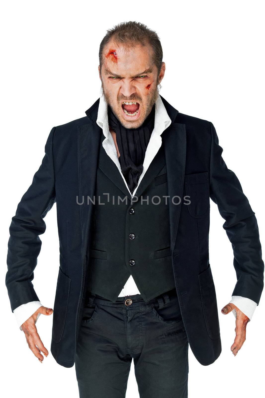 Male vampire with wounded face on white background