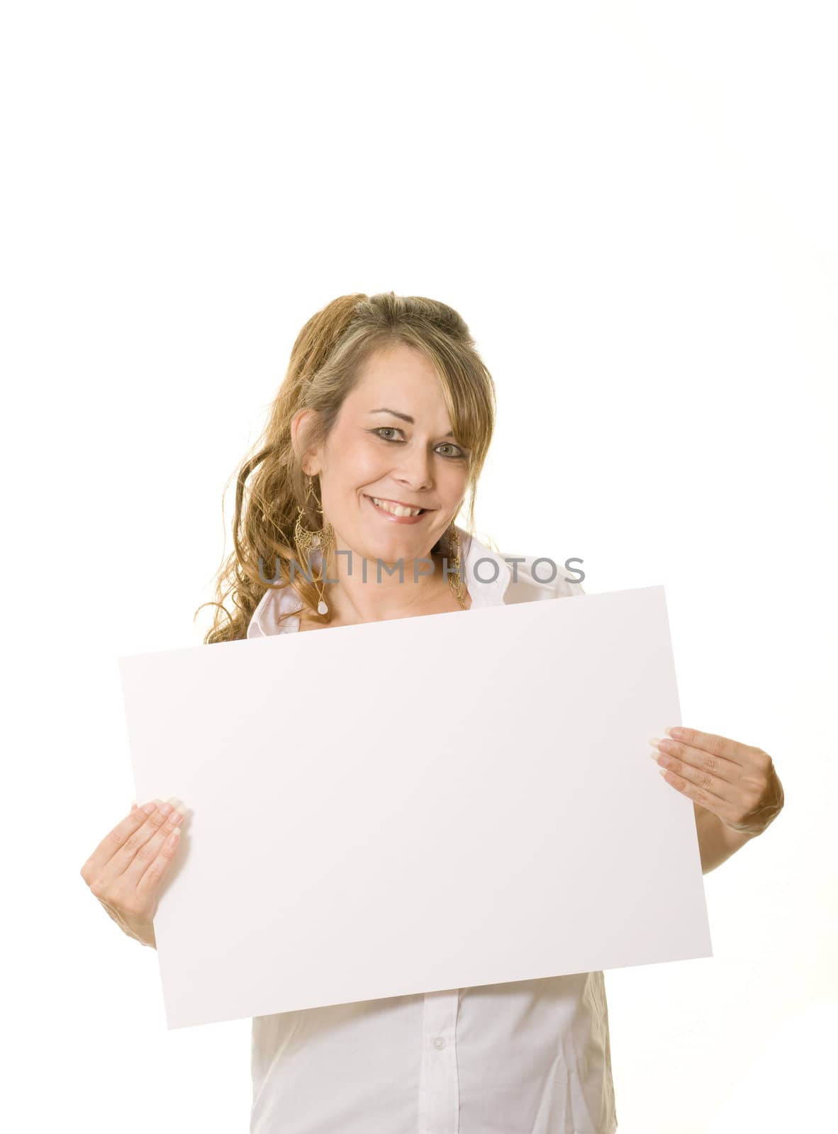 Woman holding white board with copy space isolated on white
