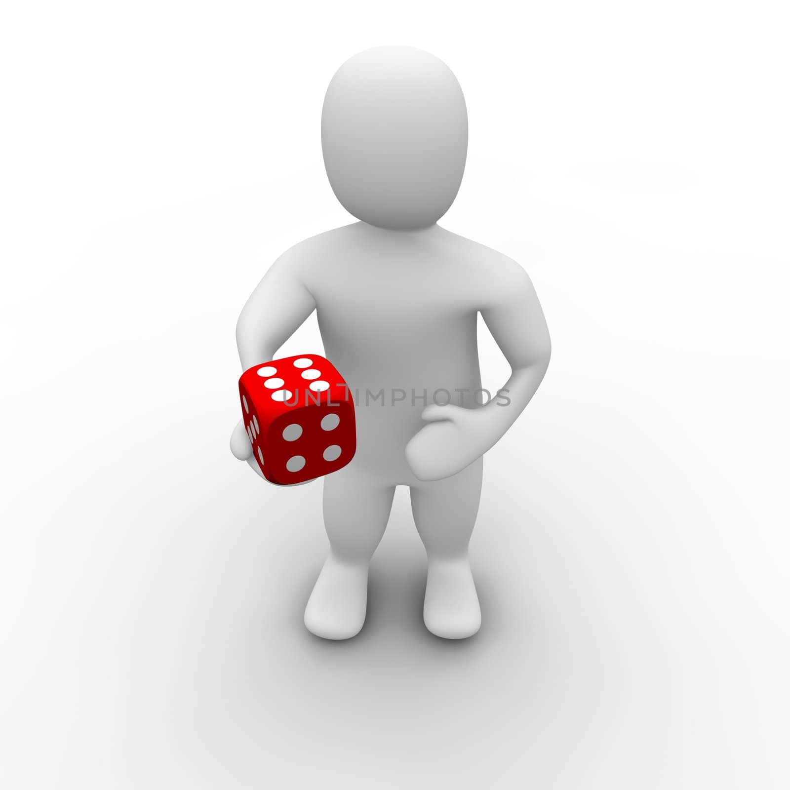 Man giving red dice with six on top. 3d rendered illustration.