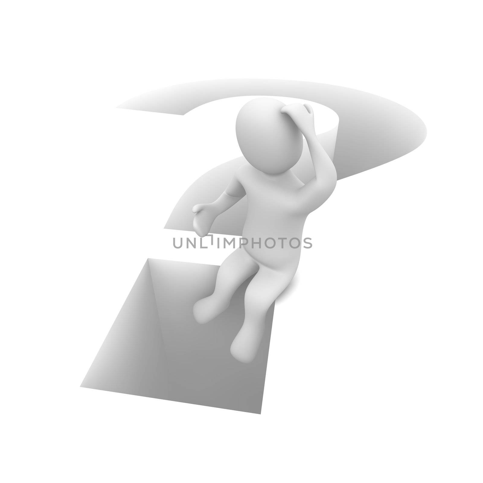 Sitting man and question mark. 3d rendered illustration.