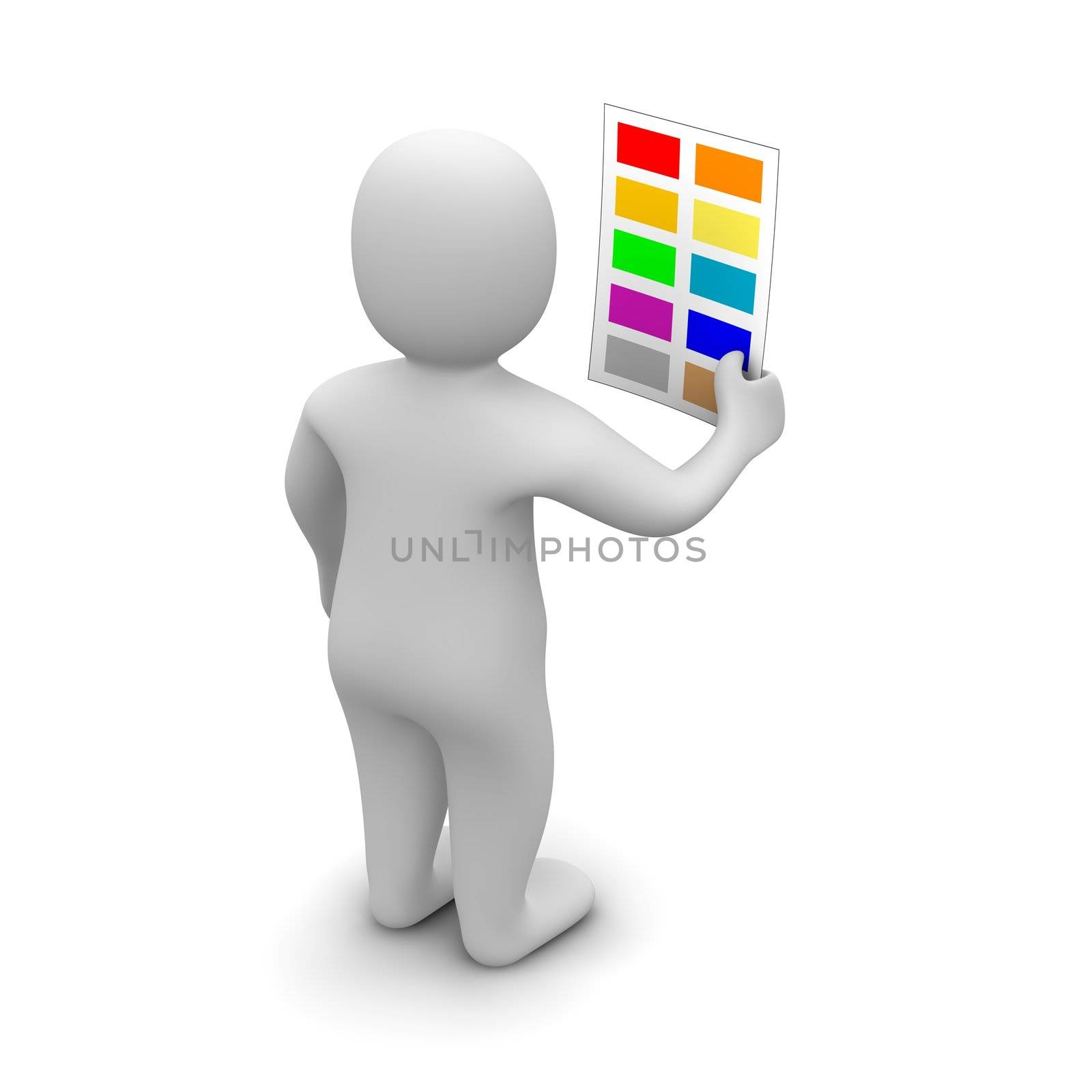 Man choosing color. 3d rendered illustration isolated on white.