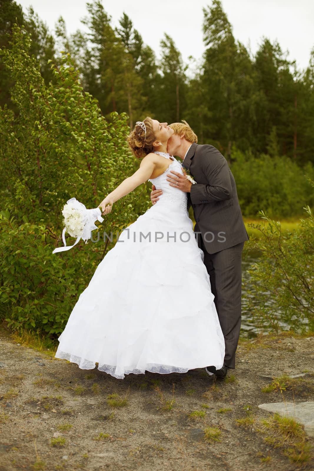 Groom passionately kisses bride by pzaxe