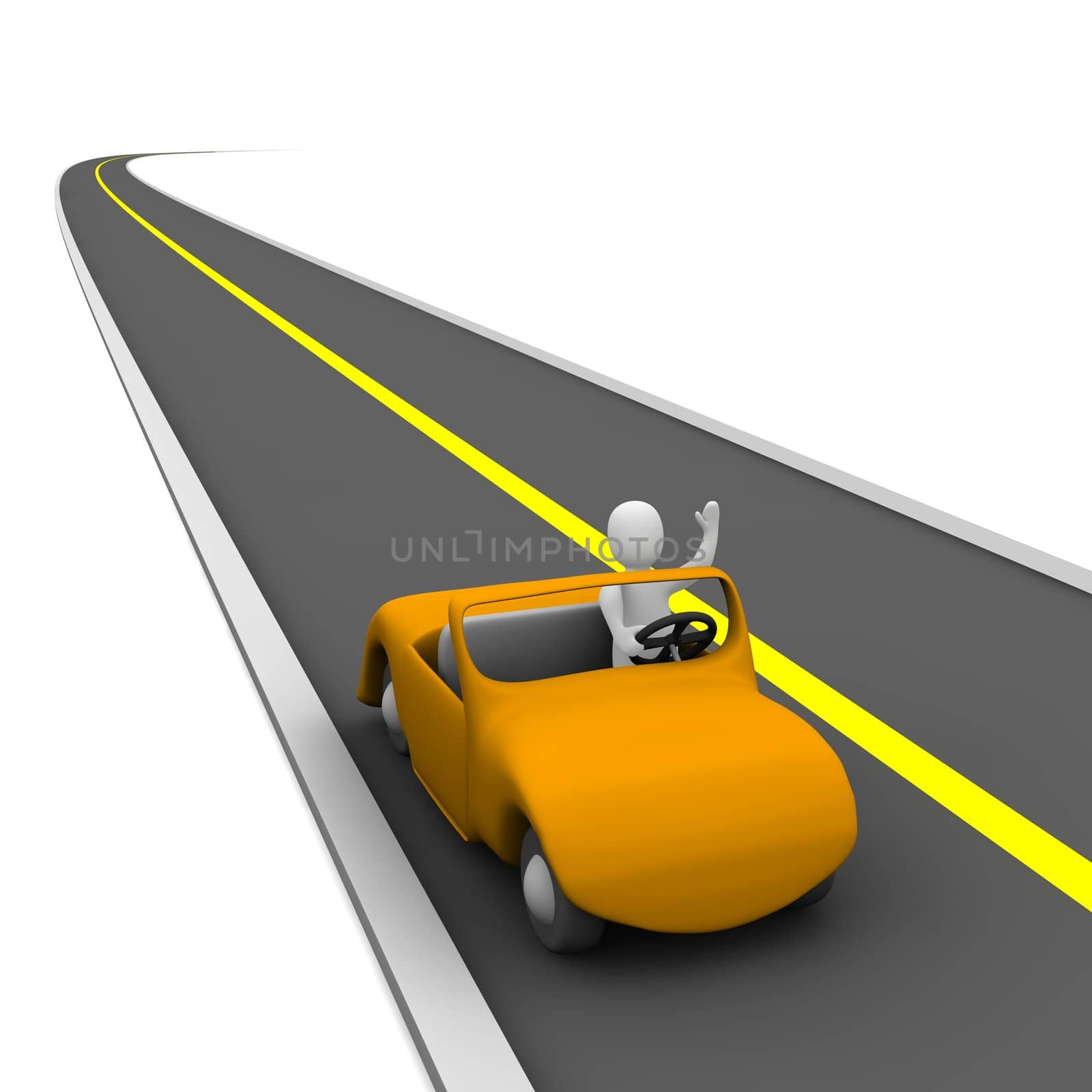 Man in cabriolet car and empty road. 3d rendered illustration.