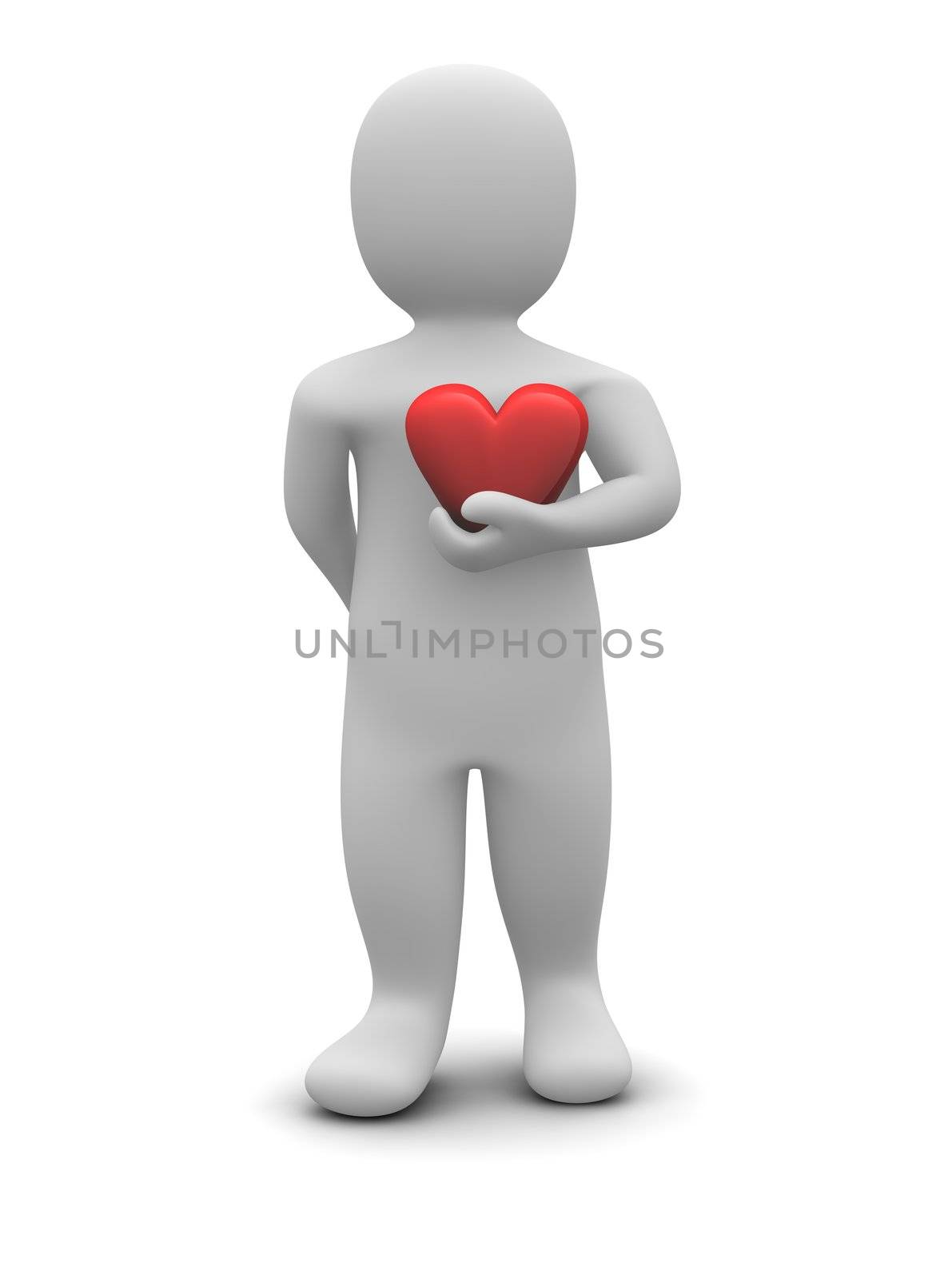 Man and red glossy heart. 3d rendered illustration isolated on white.