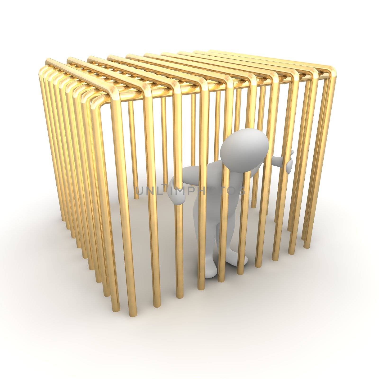 Man jailed in golden cage. 3d rendered illustration.