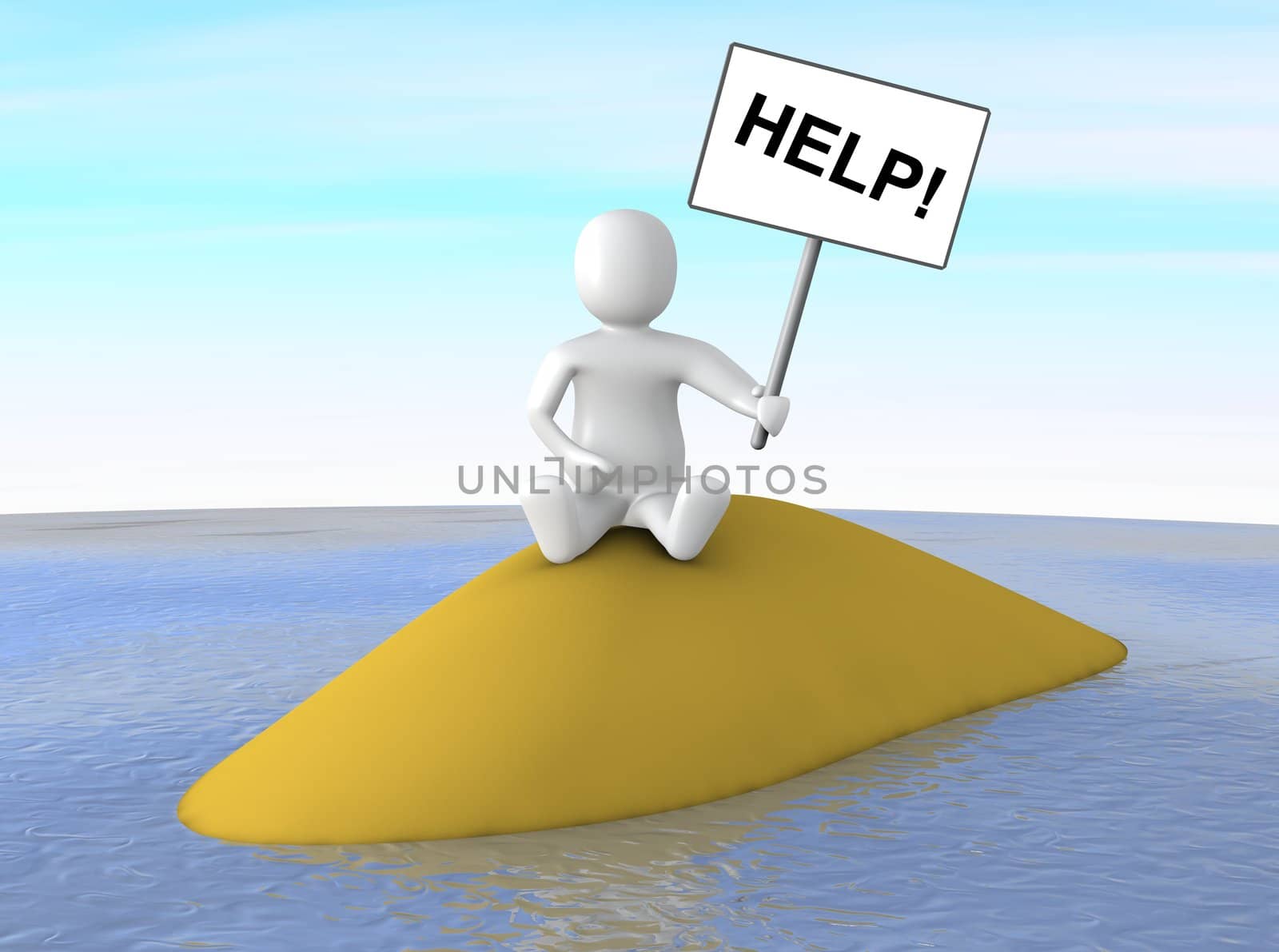 Man sitting on small island with help poster. 3d rendered illustration.