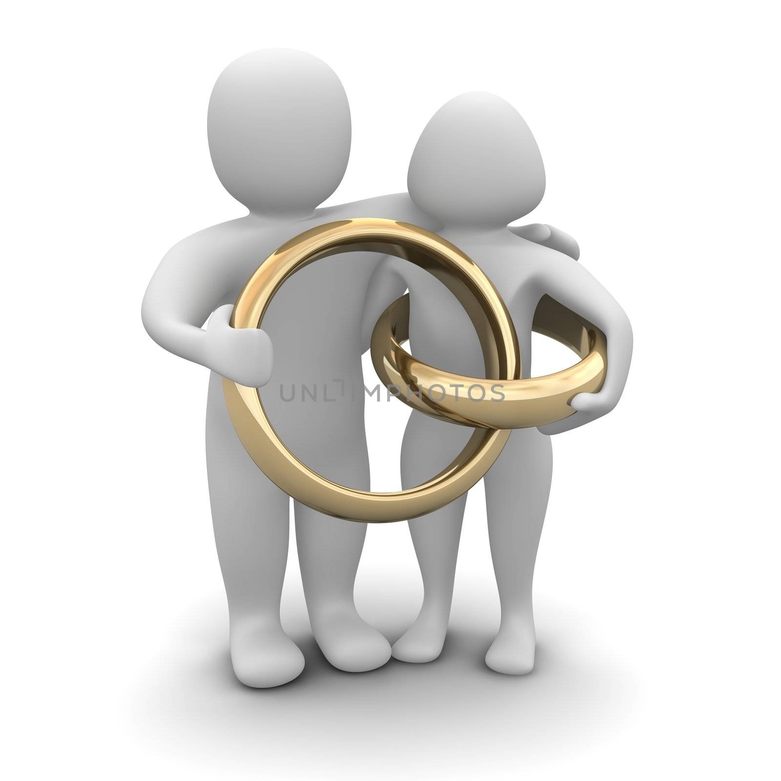 Couple and wedding rings. 3d rendered illustration.