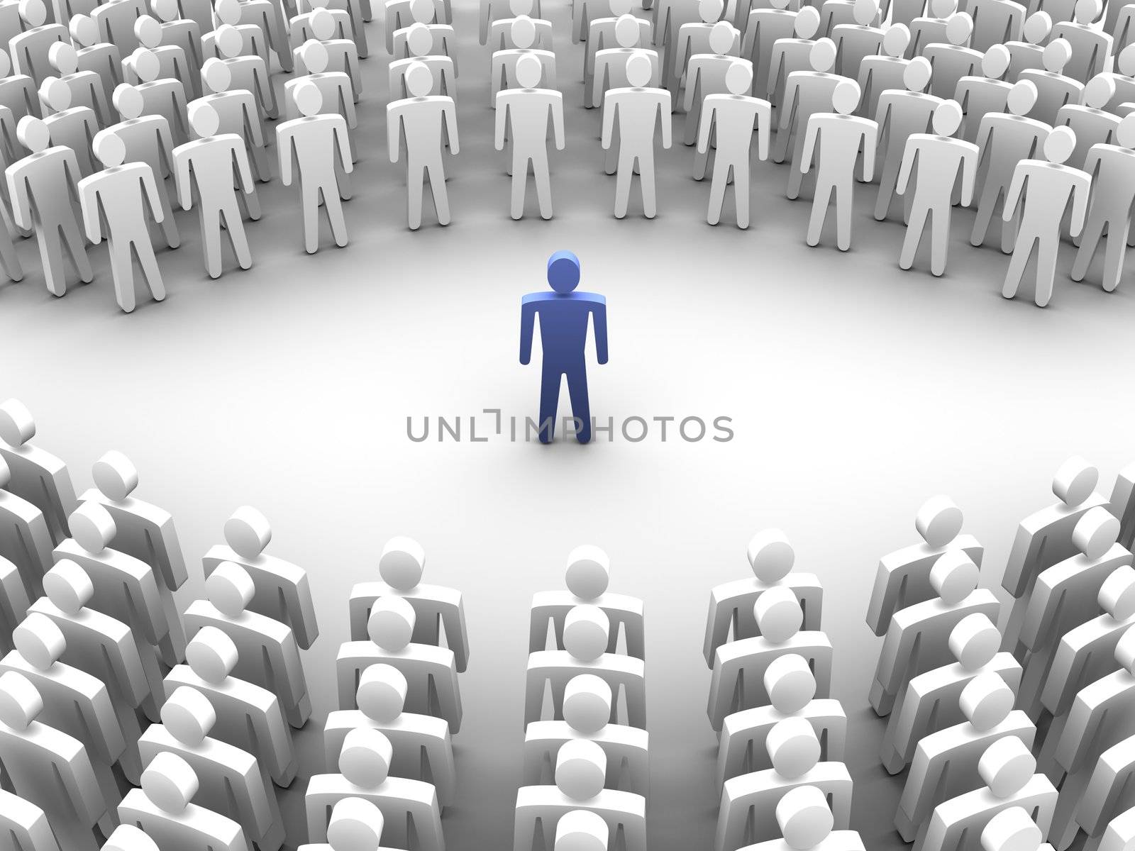 Person surrounded with crowd. 3d rendered image.