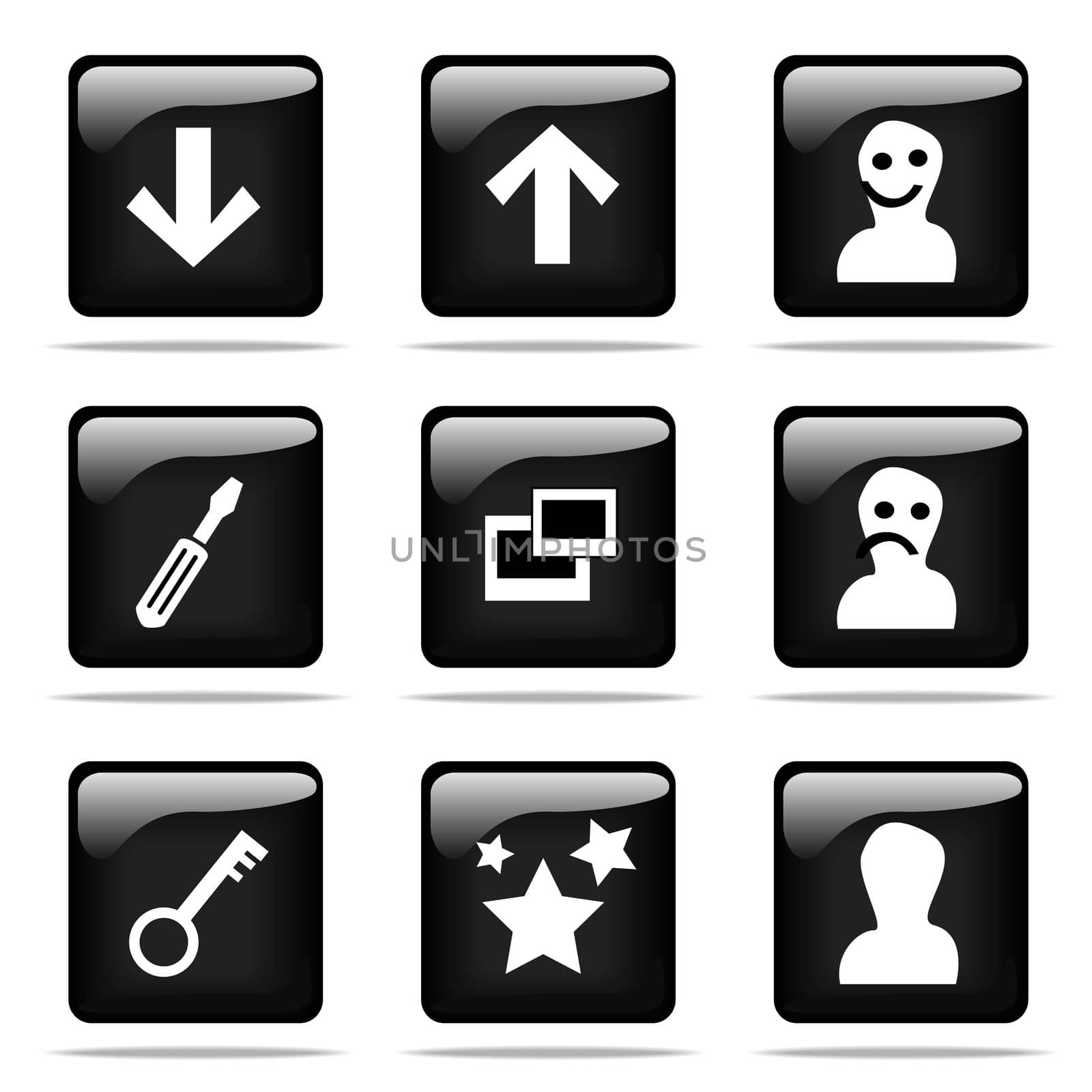 Set of glossy buttons with icons. Black and white series.