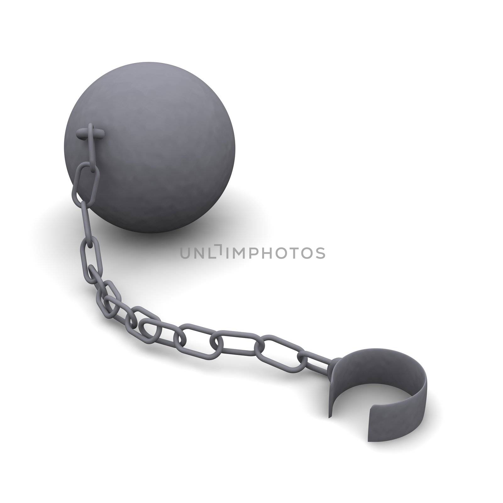 Iron ball and released shackle. 3d rendered illustration.
