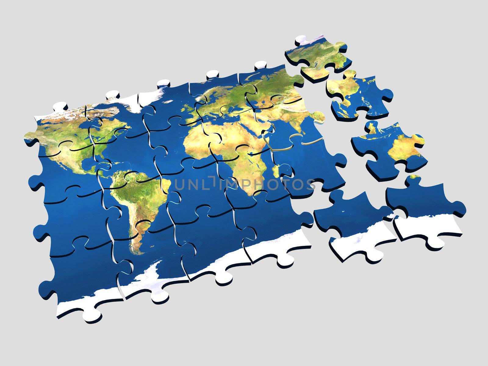 3d coloured puzzle with world map on pieces