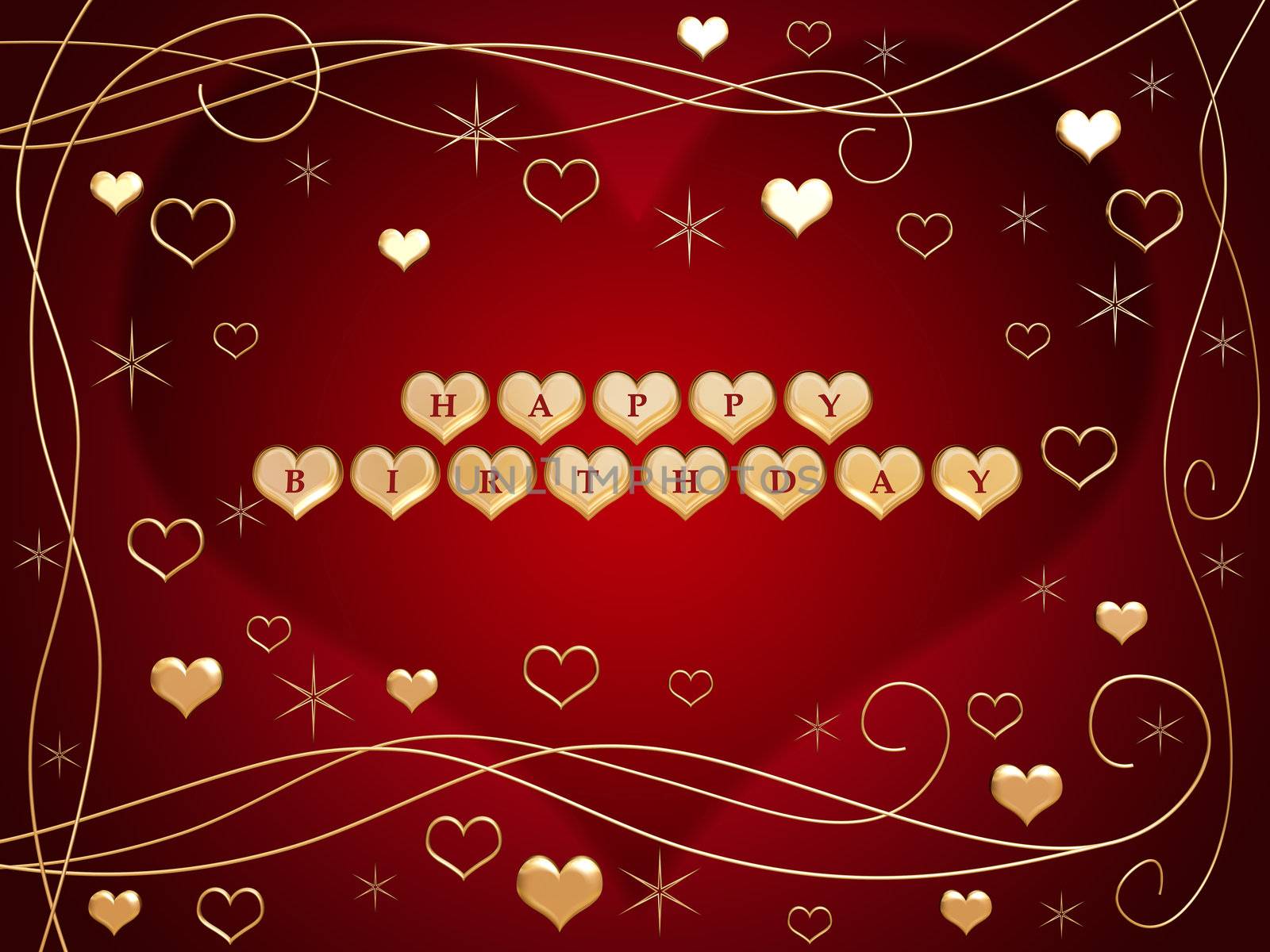 3d golden hearts, red letters, text - happy birthday, flowers, stars