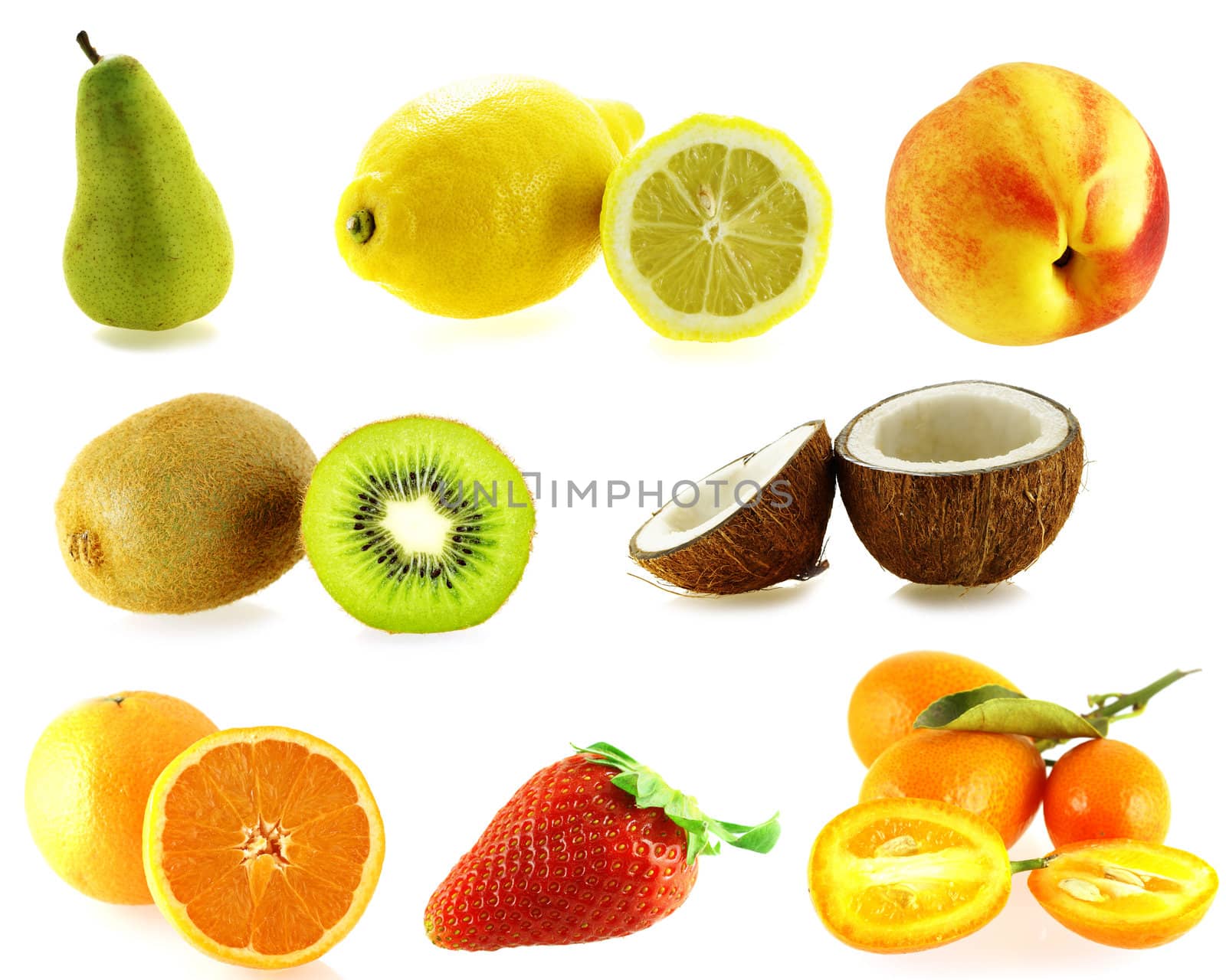 set of eight kinds of fresh fruits over white background