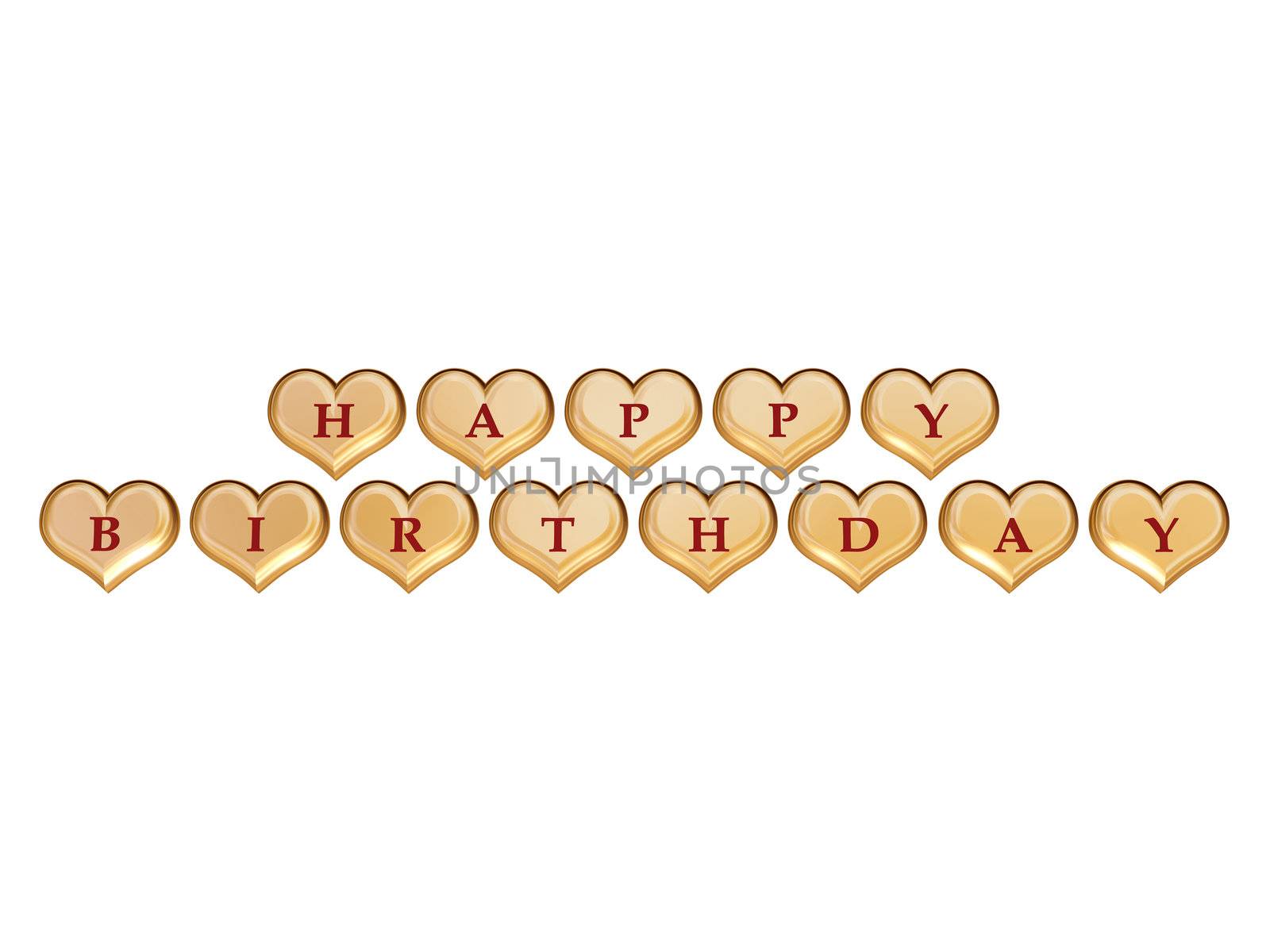 3d golden hearts, red letters, text - happy birthday, isolated