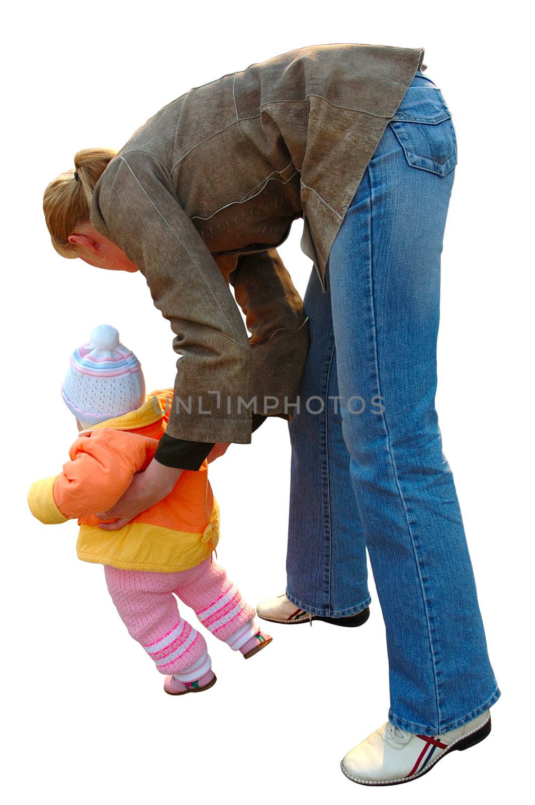 First steps of little girl. With her mother.