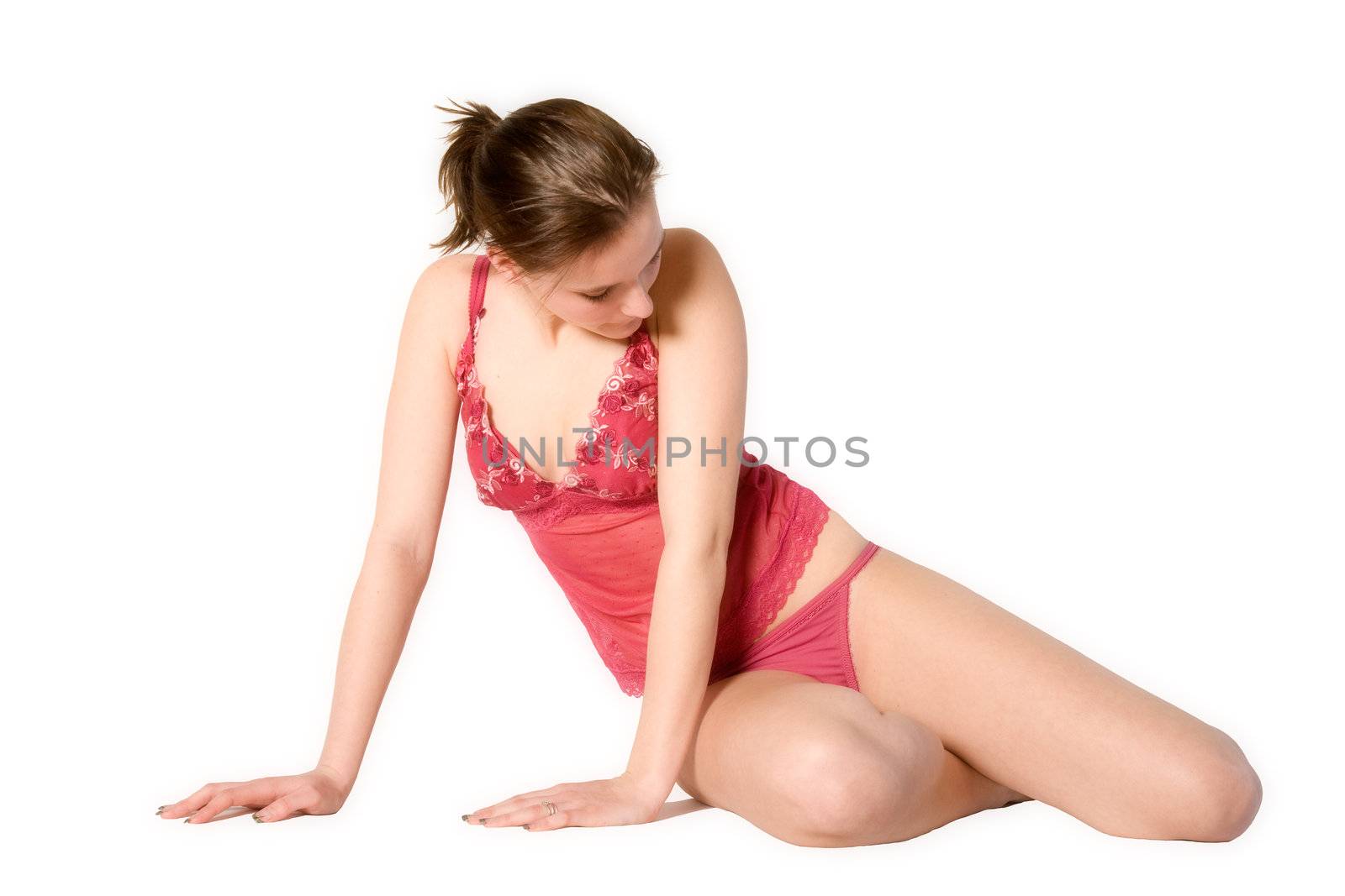 Studio portrait of a young woman in red lingerie