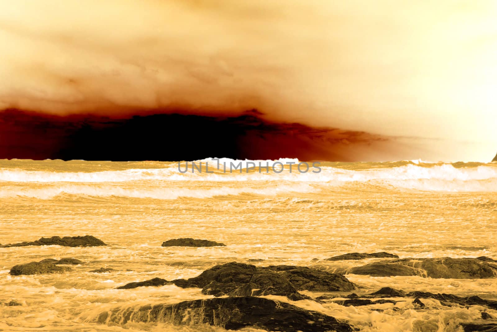 sweeping waves during a storm of the west coast of ireland in the late evening