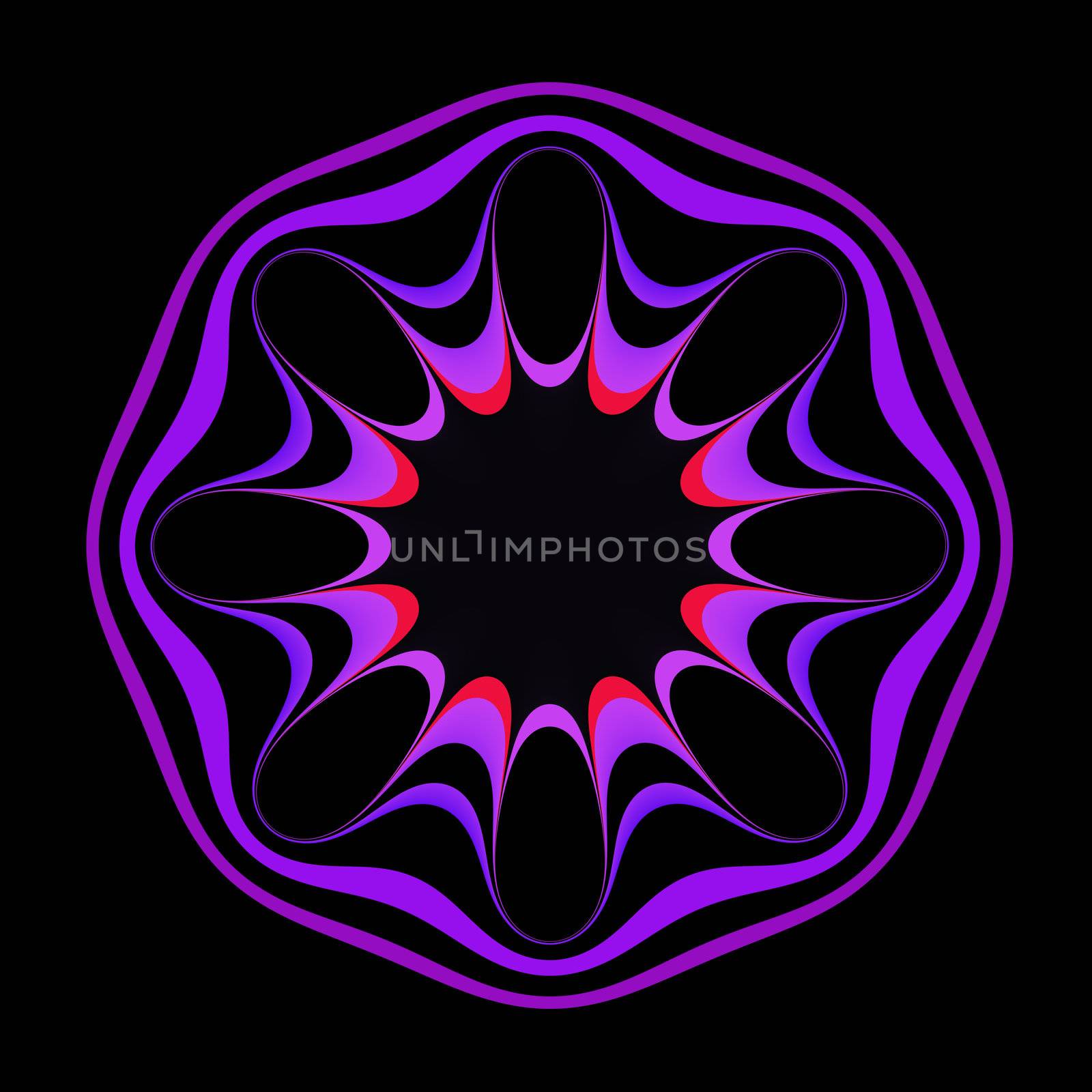 An abstract mandala shaped fractal done in shades of orange, blue, and purple floating on a black background.