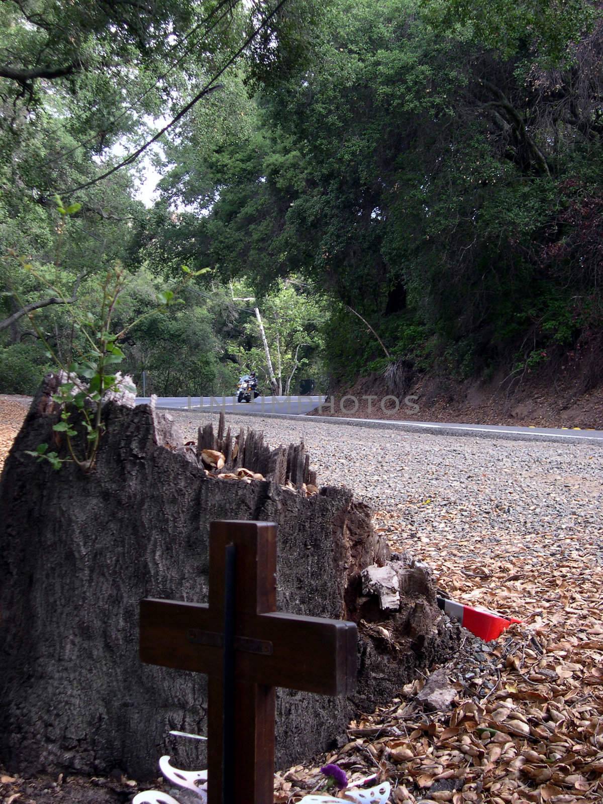 a motorcycle with rider coming around a bend. foreground is a cross, part of a memorial for motorcycle accident victims at that turn.