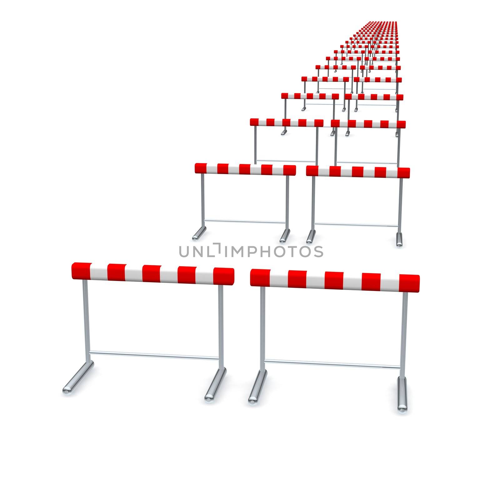 Hurdles in row. 3d rendered illustration isolated on white.