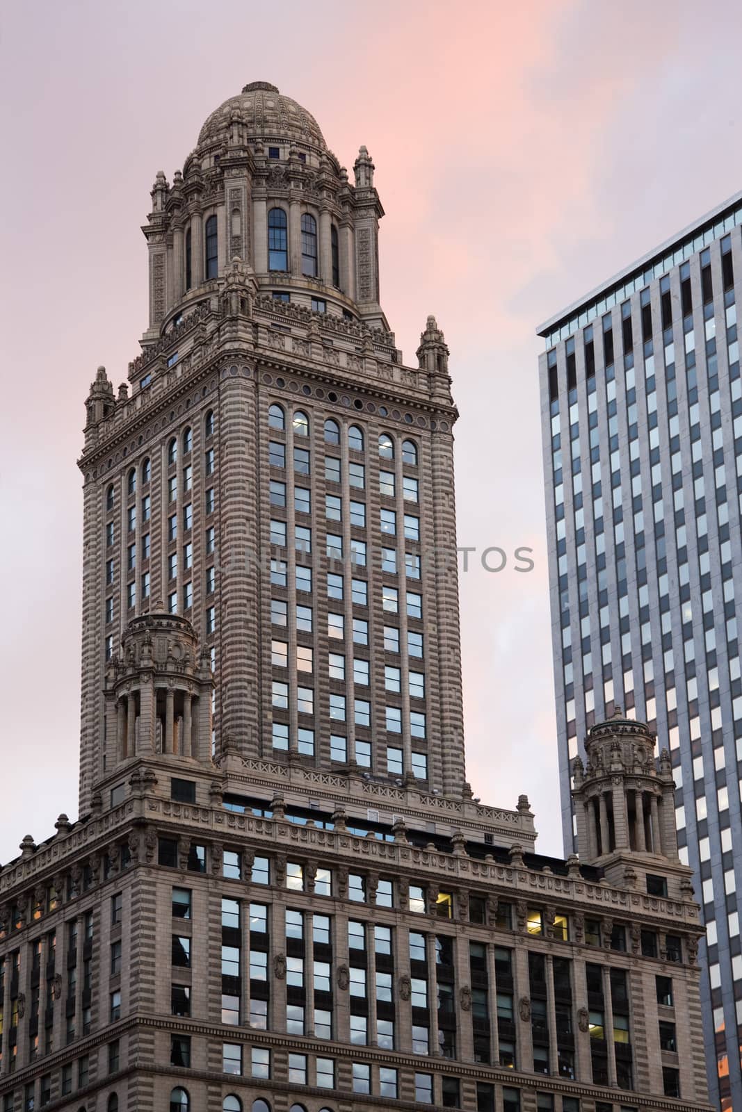 Historic building in downtown Chicago - sunset time. 35 East Wacker - North American Life Insurance Building