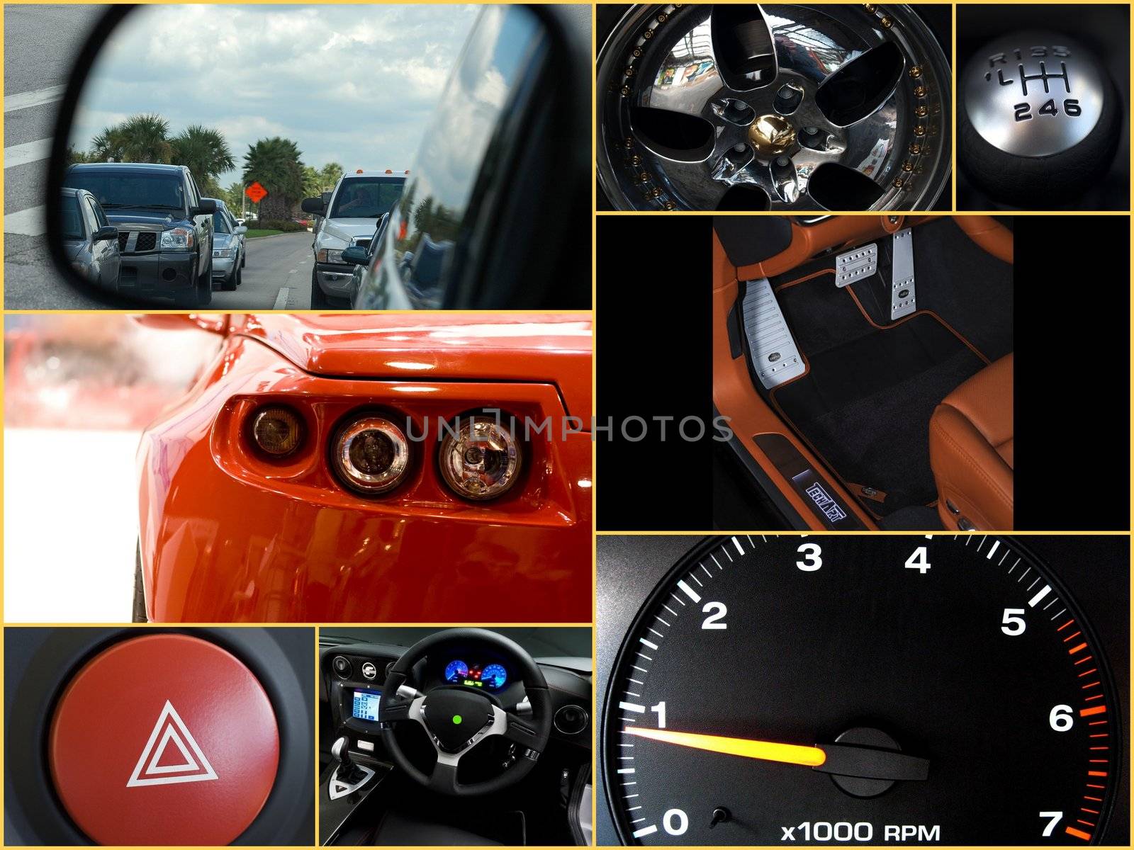 A collage of car body parts 