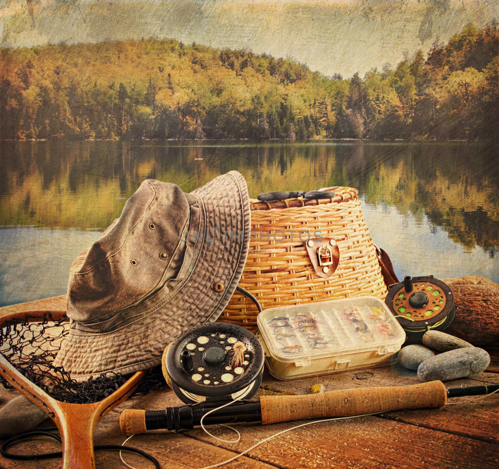 Fly fishing equipment  with vintage look by Sandralise