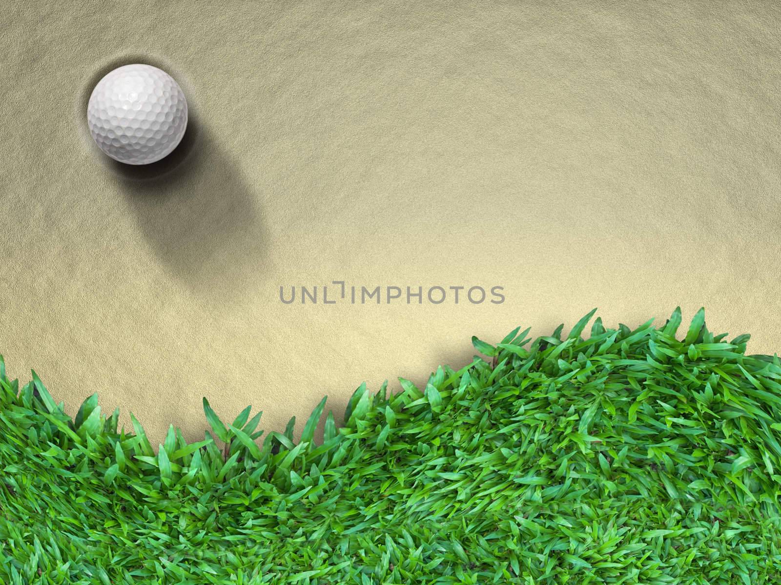 White Golf ball on sand and green grass