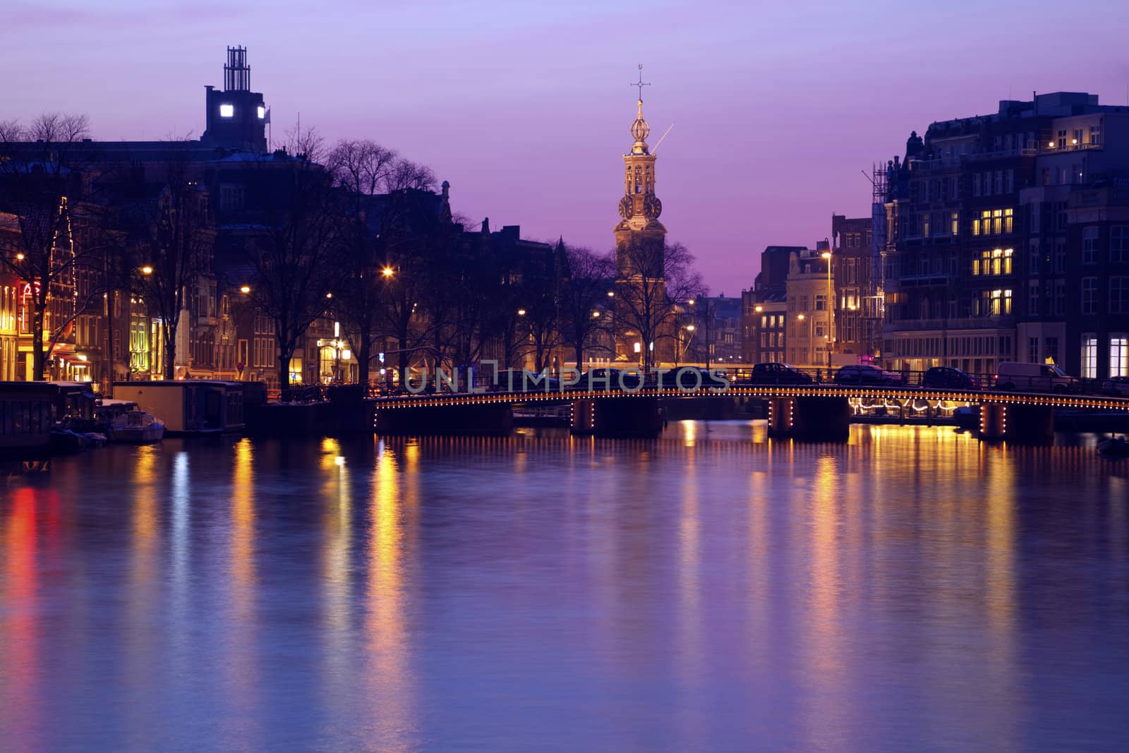 Pink sunset in Amsterdam, Netherlands.